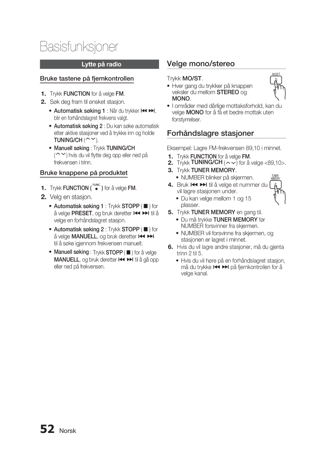 Samsung HT-C5800/XEE manual Velge mono/stereo, Forhåndslagre stasjoner, Lytte på radio, Bruke tastene på fjernkontrollen 