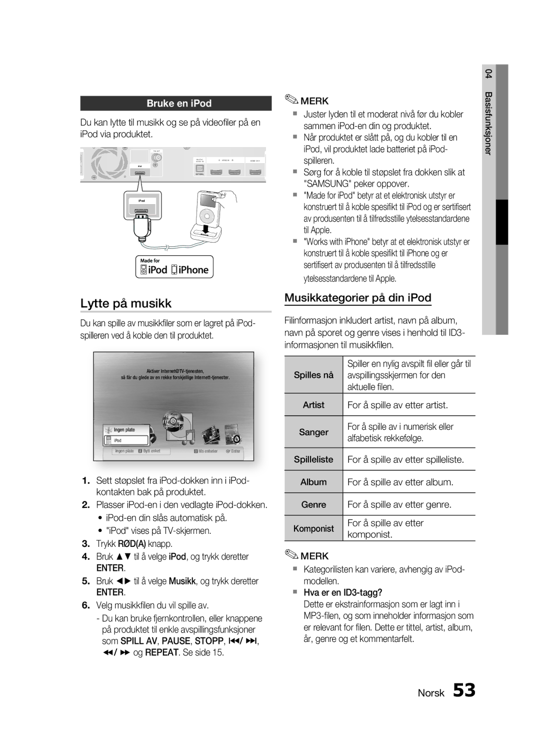 Samsung HT-C5800/XEE manual Lytte på musikk, Bruke en iPod 