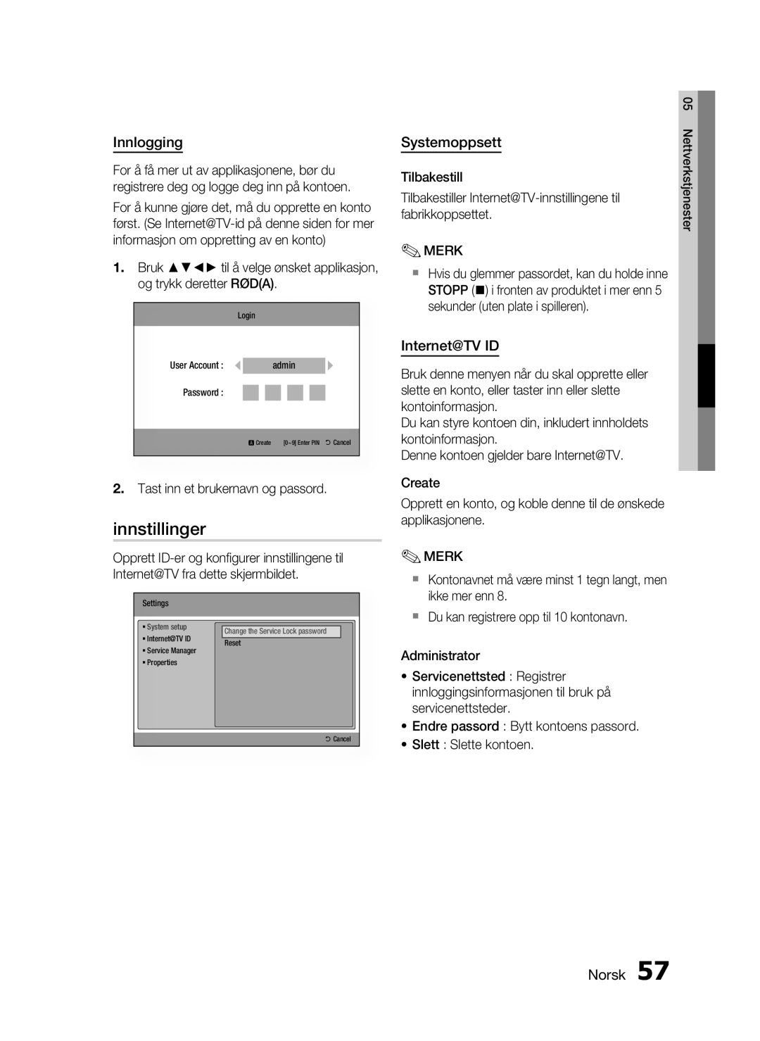 Samsung HT-C5800/XEE manual Innstillinger, Innlogging, Systemoppsett, Internet@TV ID 