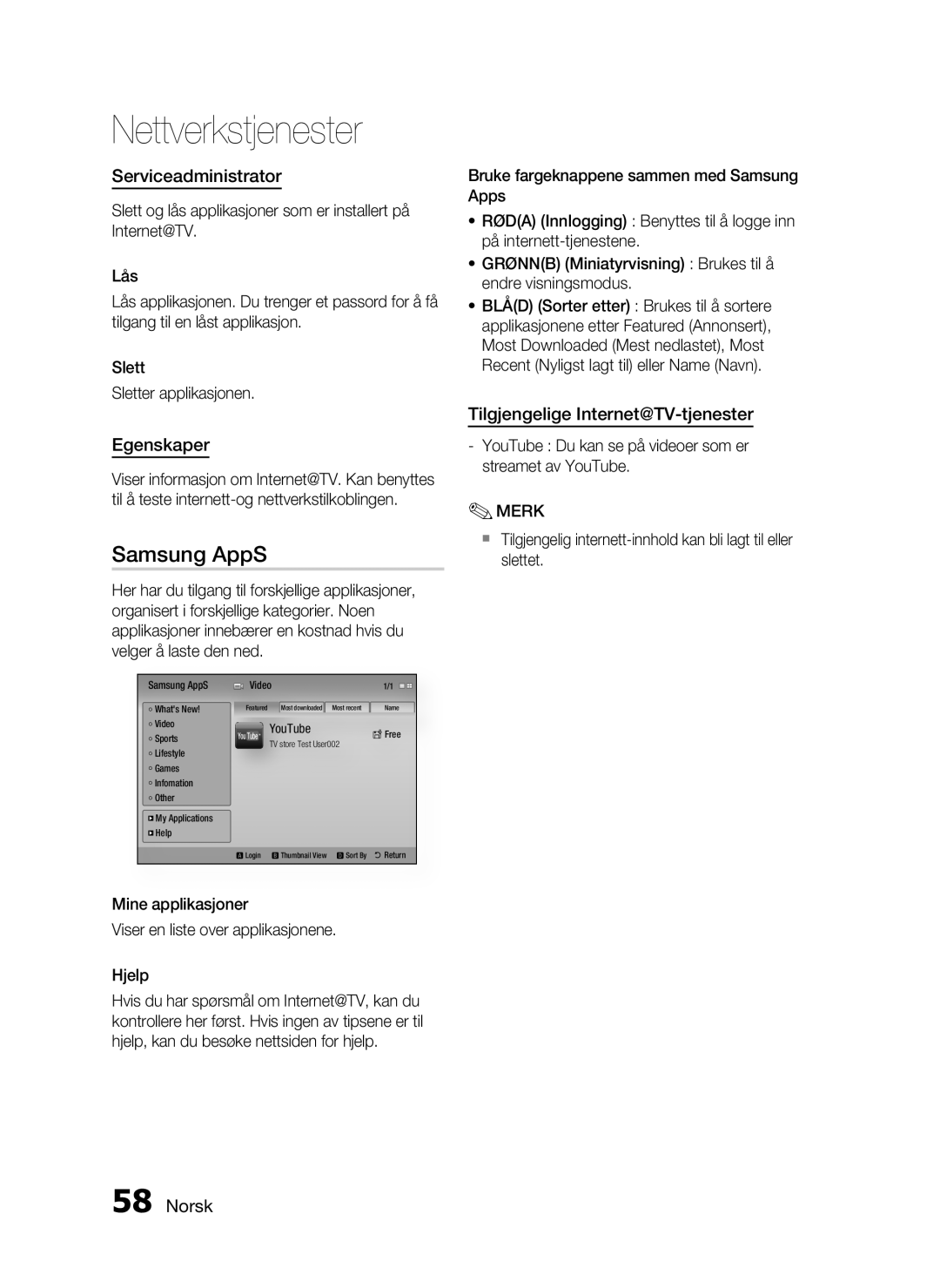 Samsung HT-C5800/XEE manual Serviceadministrator, Egenskaper, Tilgjengelige Internet@TV-tjenester 