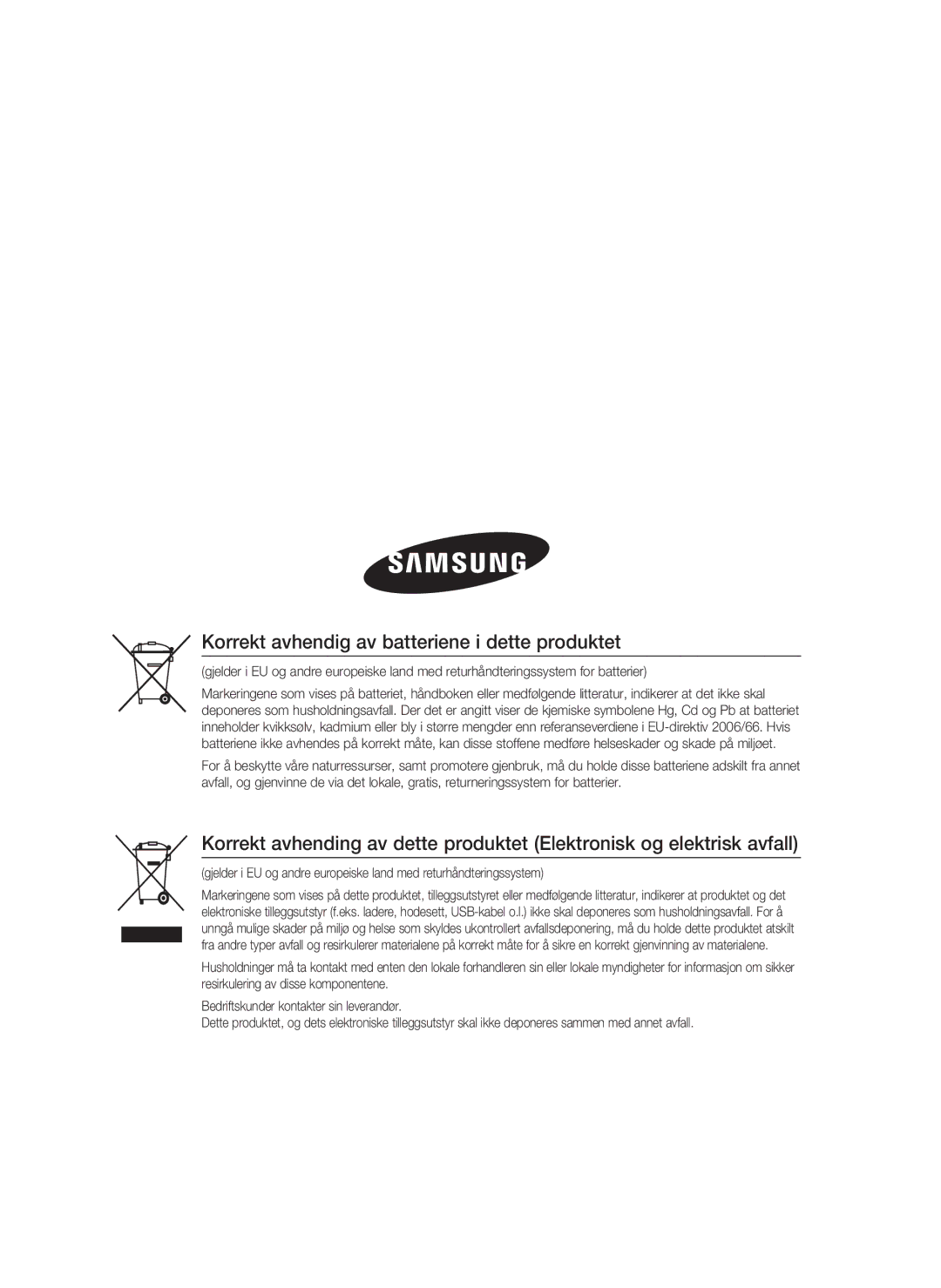 Samsung HT-C5800/XEE manual Korrekt avhendig av batteriene i dette produktet 