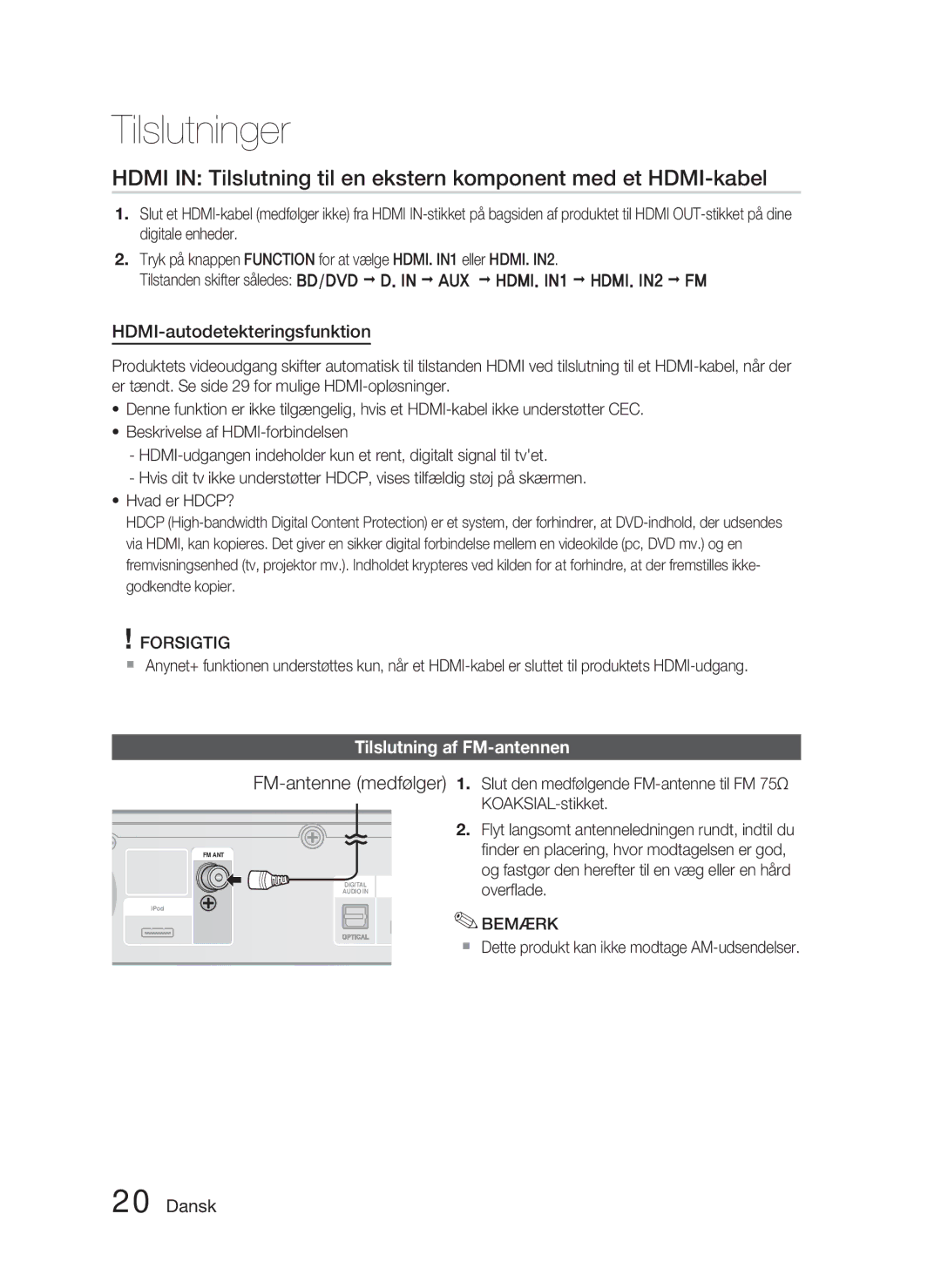 Samsung HT-C5800/XEE HDMI-autodetekteringsfunktion, Tilslutning af FM-antennen, Slut den medfølgende FM-antenne til FM 