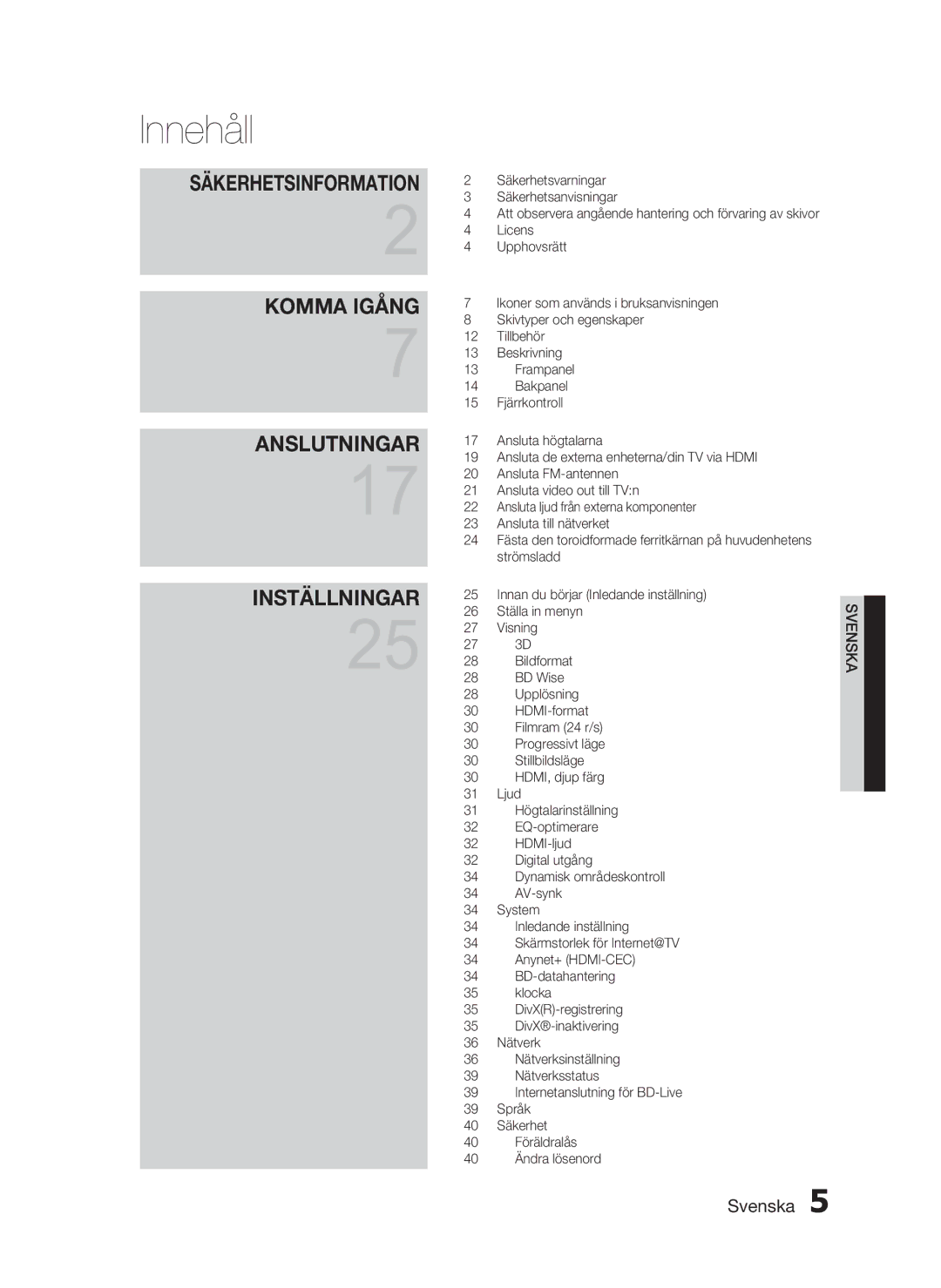 Samsung HT-C5800/XEE manual Innehåll 