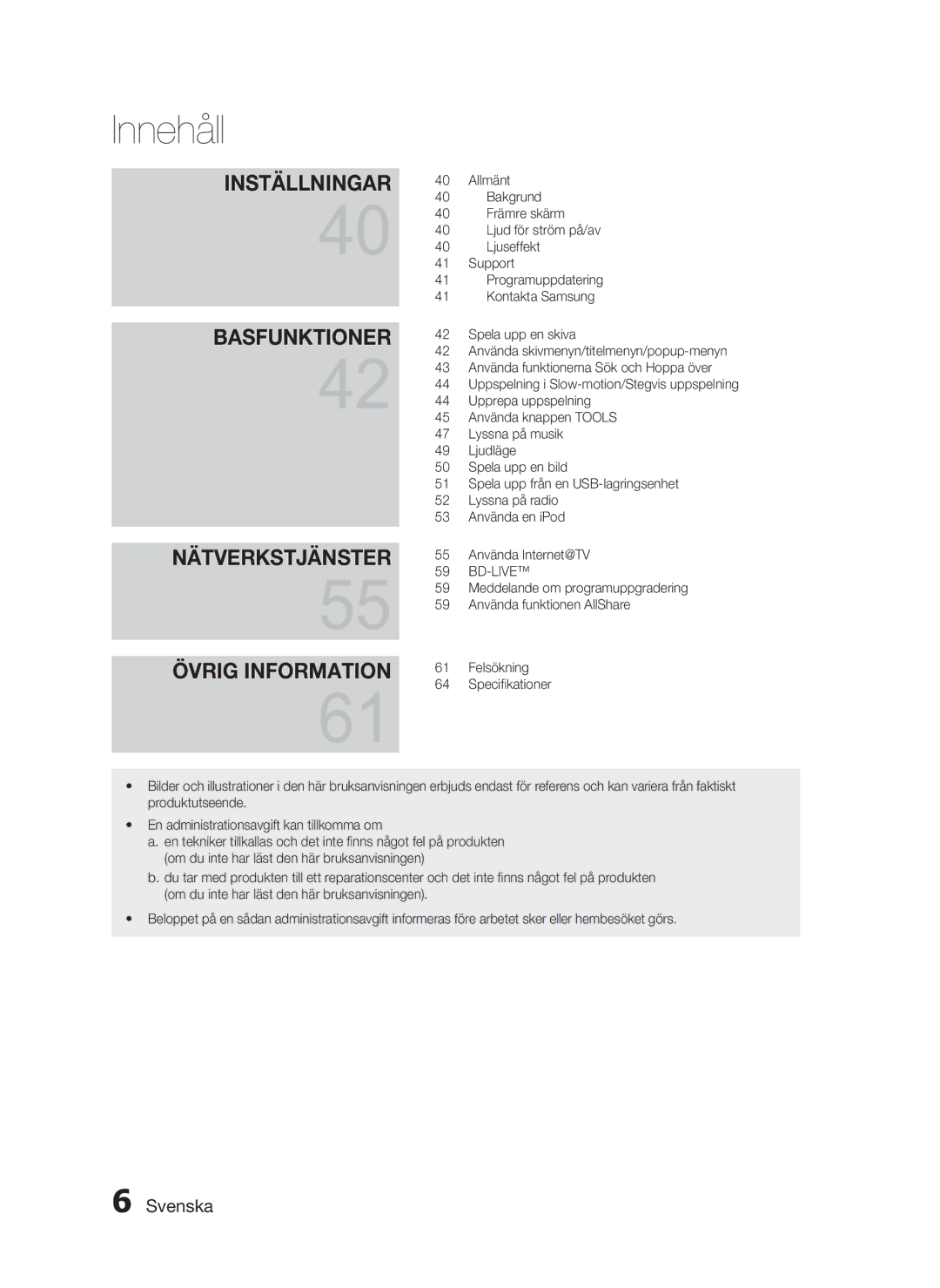 Samsung HT-C5800/XEE manual Allmänt, Bakgrund, Främre skärm, Ljud för ström på/av, Ljuseffekt, Programuppdatering, Ljudläge 