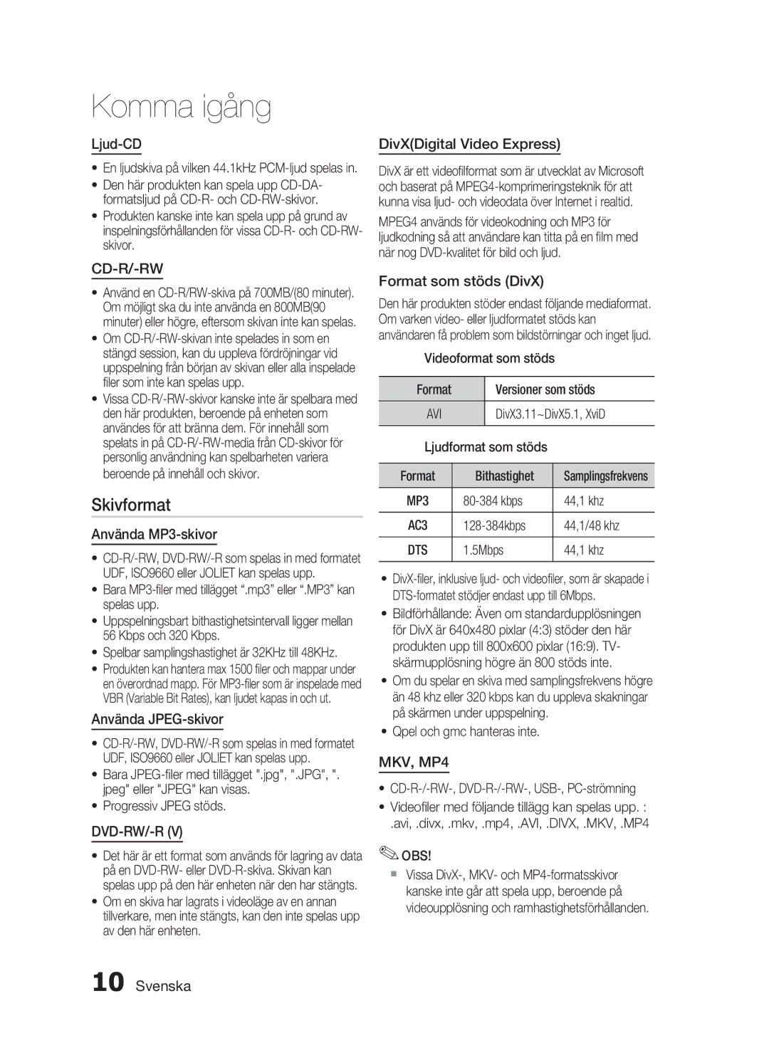 Samsung HT-C5800/XEE manual Skivformat, Ljud-CD, Använda MP3-skivor, Använda JPEG-skivor, Format som stöds DivX 