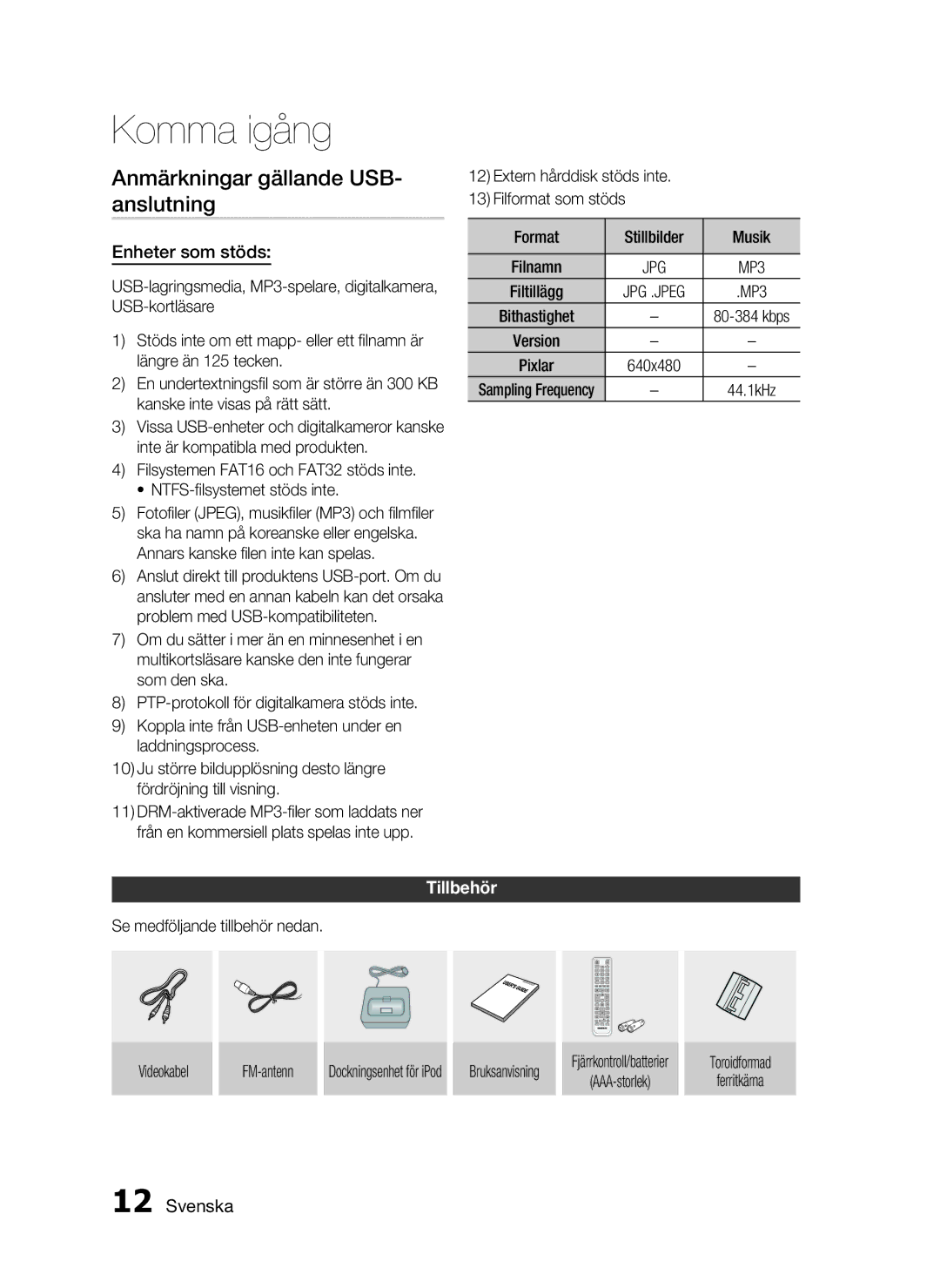 Samsung HT-C5800/XEE manual Anmärkningar gällande USB- anslutning, Enheter som stöds, Tillbehör 