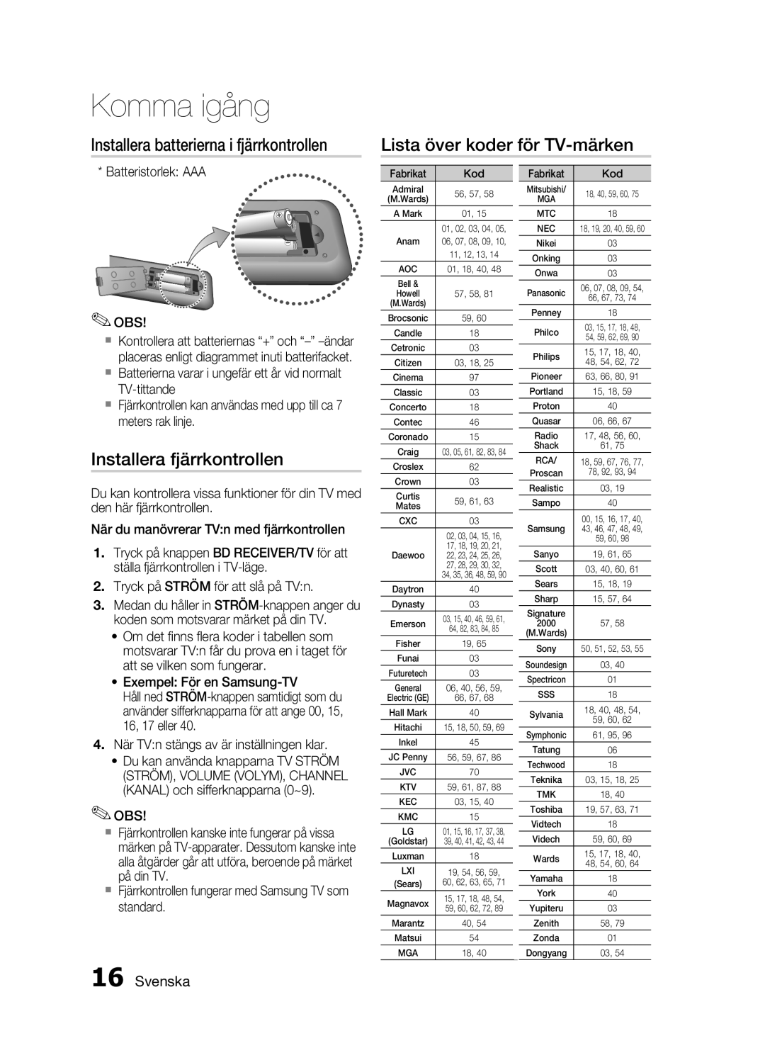 Samsung HT-C5800/XEE manual Installera fjärrkontrollen, Batteristorlek AAA OBS, Fabrikat Kod 