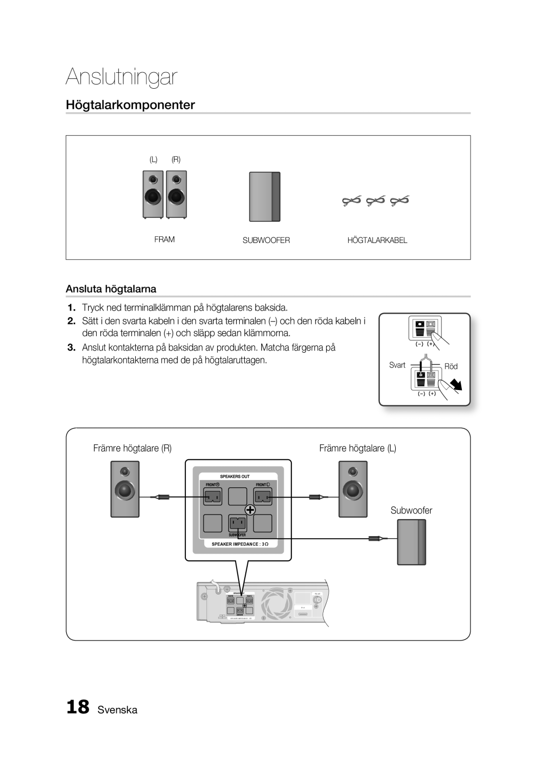 Samsung HT-C5800/XEE manual Högtalarkomponenter, Ansluta högtalarna, Främre högtalare R, Subwoofer 