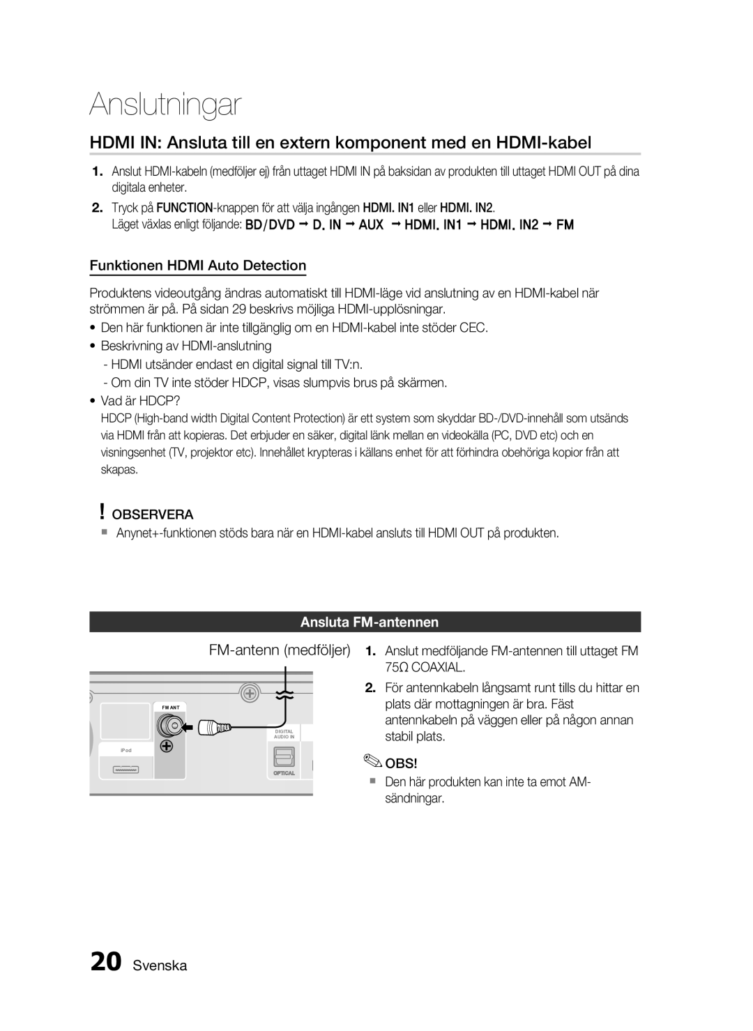 Samsung HT-C5800/XEE manual Hdmi in Ansluta till en extern komponent med en HDMI-kabel, Funktionen Hdmi Auto Detection 