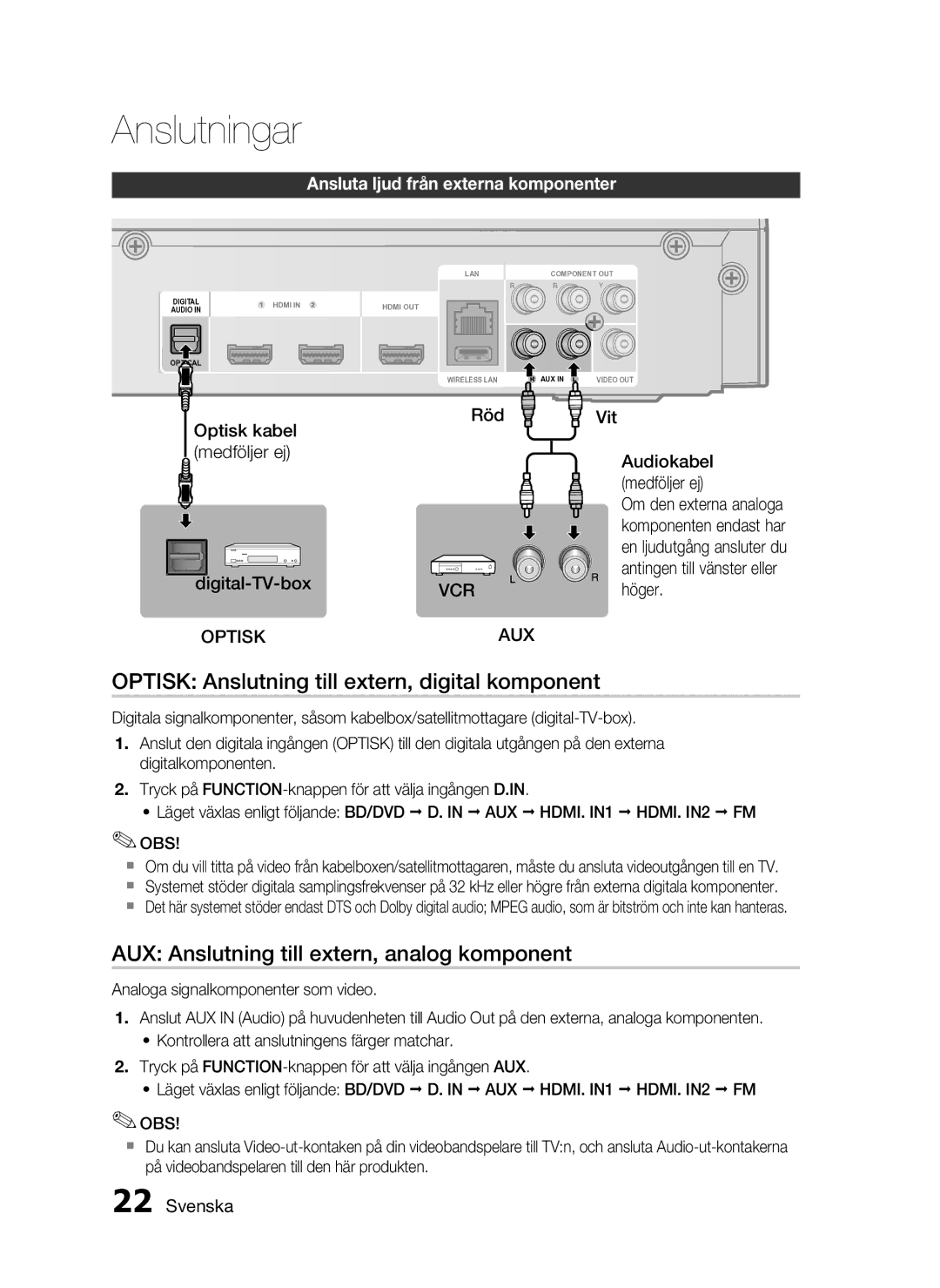 Samsung HT-C5800/XEE manual Optisk Anslutning till extern, digital komponent, AUX Anslutning till extern, analog komponent 