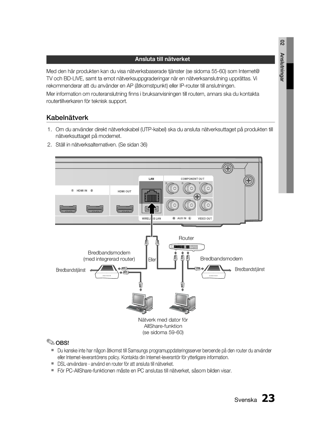 Samsung HT-C5800/XEE manual Ansluta till nätverket, Bredbandsmodem Med integrerad router Bredbandstjänst 