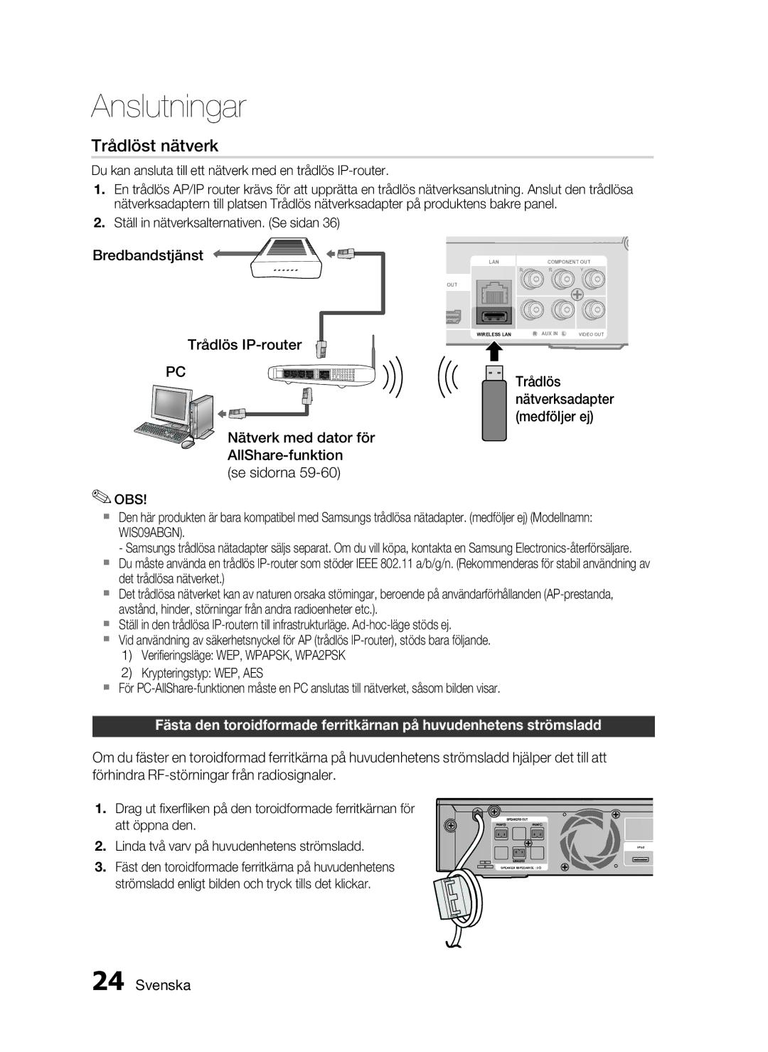 Samsung HT-C5800/XEE manual Trådlös, Strömsladd enligt bilden och tryck tills det klickar 