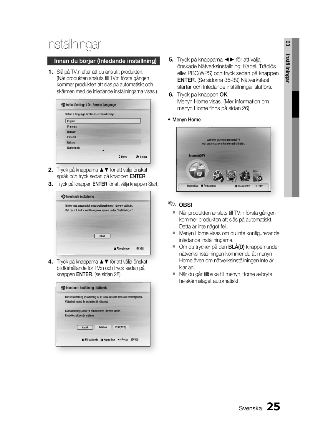 Samsung HT-C5800/XEE manual Inställningar, Innan du börjar Inledande inställning, ENTER. Se sidorna 36-39 Nätverkstest 