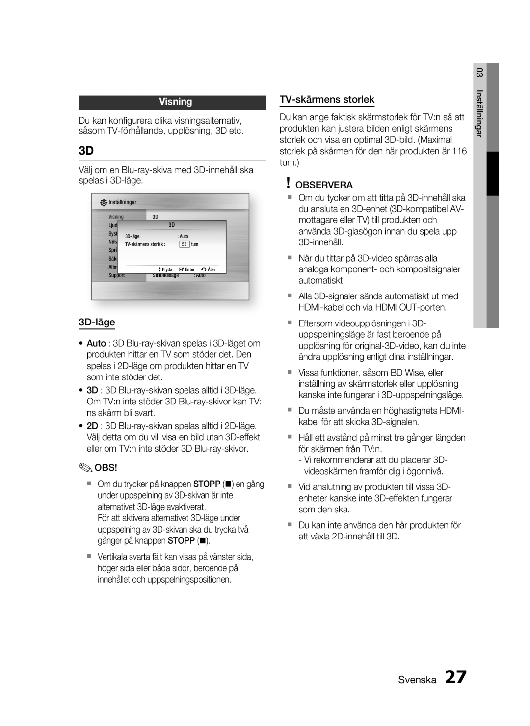 Samsung HT-C5800/XEE manual Visning, 3D-läge, TV-skärmens storlek 