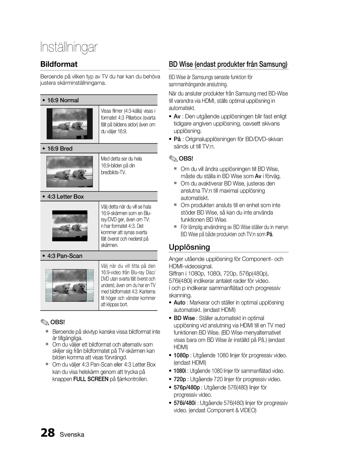 Samsung HT-C5800/XEE manual BD Wise endast produkter från Samsung, Upplösning 