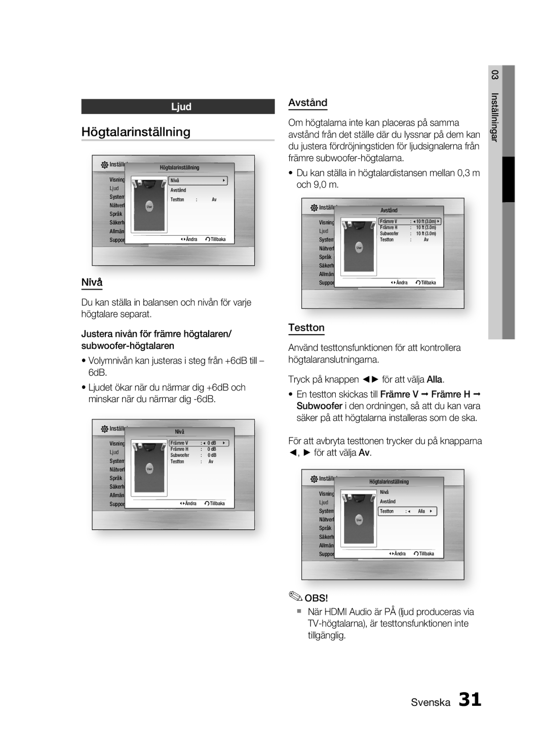 Samsung HT-C5800/XEE manual Högtalarinställning, Ljud, Avstånd, Testton 