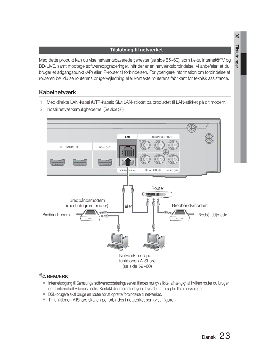 Samsung HT-C5800/XEE manual Tilslutning til netværket, Bredbåndsmodem Med integreret router Bredbåndstjeneste, Router 