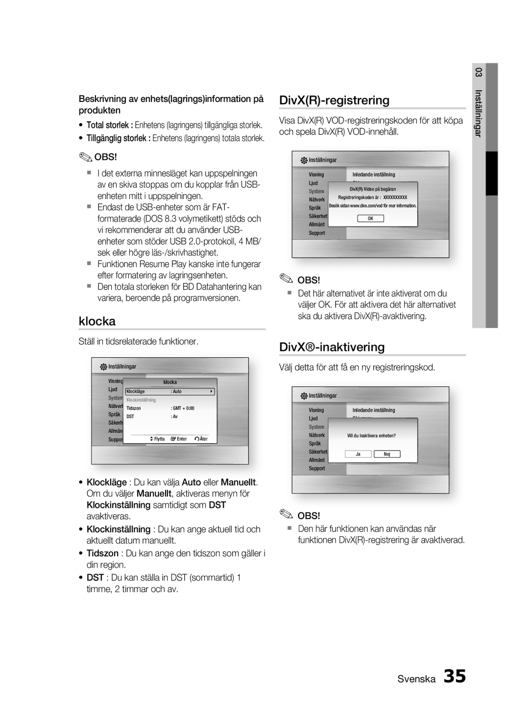 Samsung HT-C5800/XEE manual Klocka, DivXR-registrering, DivX-inaktivering 