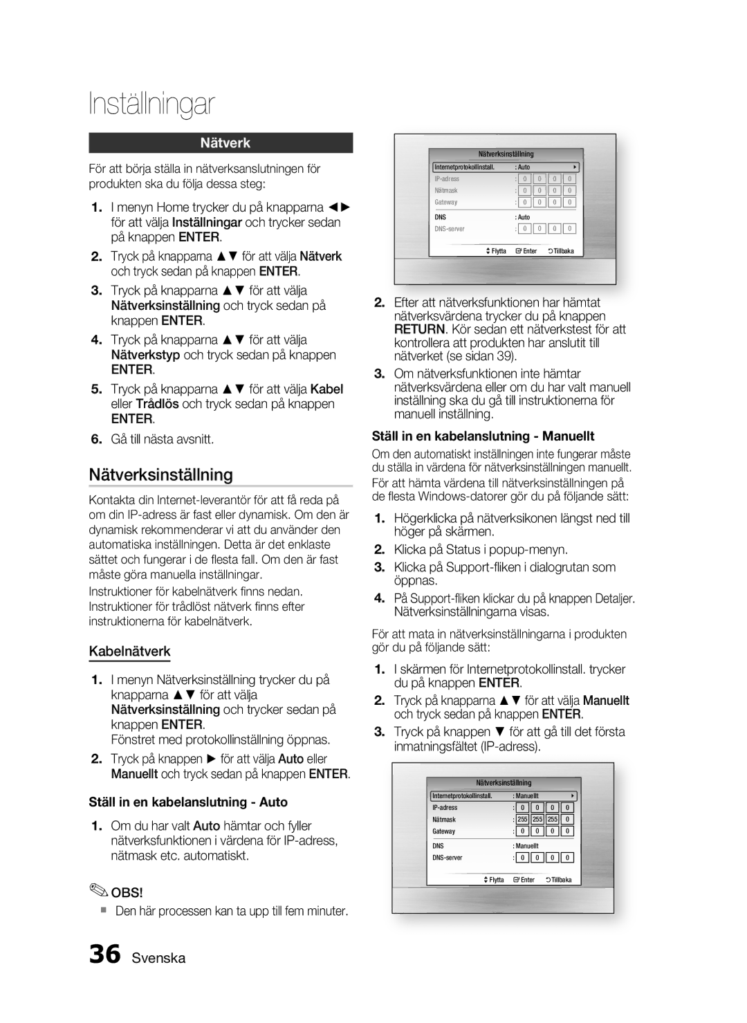 Samsung HT-C5800/XEE manual Nätverksinställning, Kabelnätverk, Gå till nästa avsnitt 