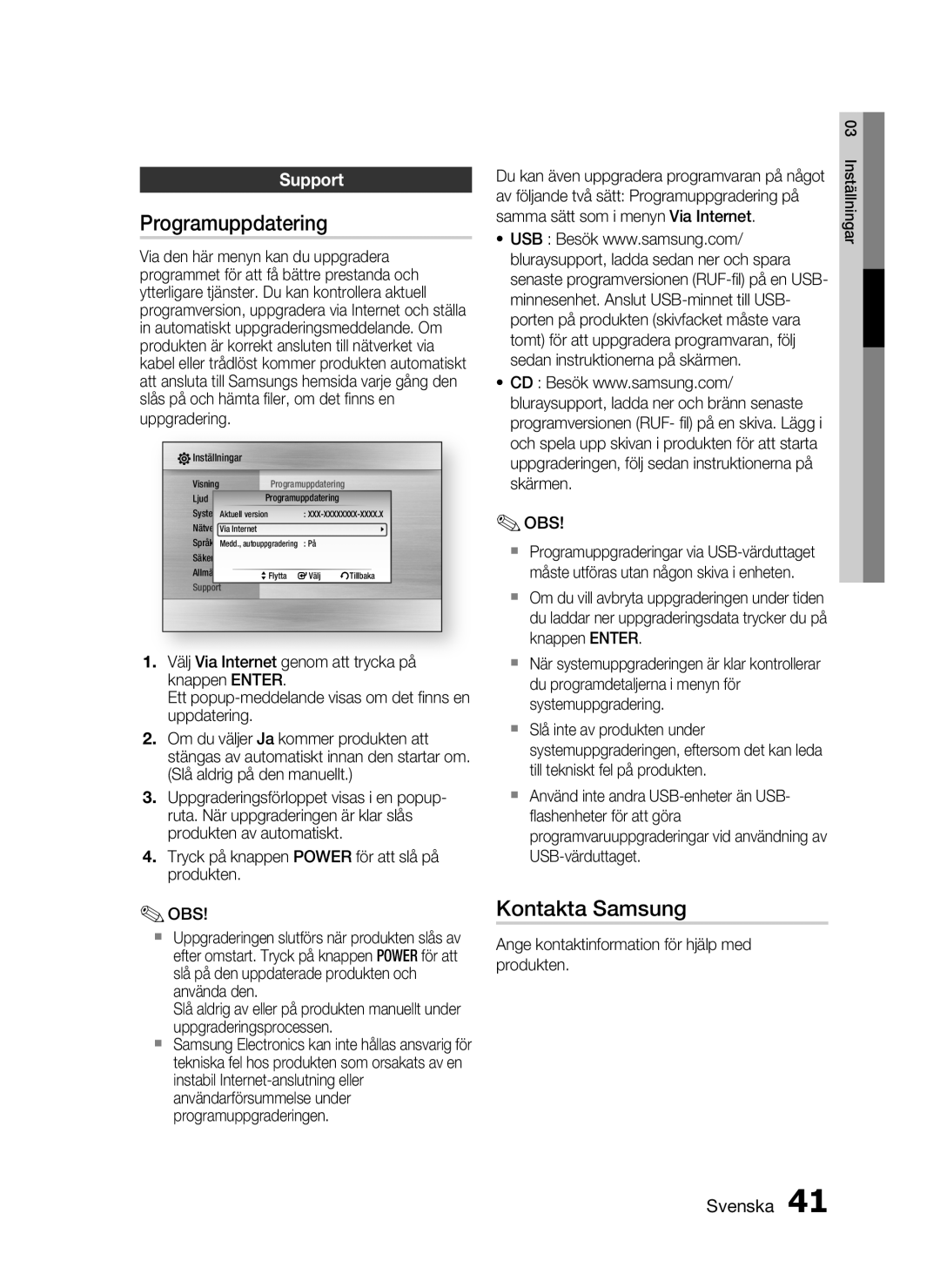 Samsung HT-C5800/XEE manual Programuppdatering, Kontakta Samsung, Uppgraderingen, följ sedan instruktionerna på Skärmen OBS 