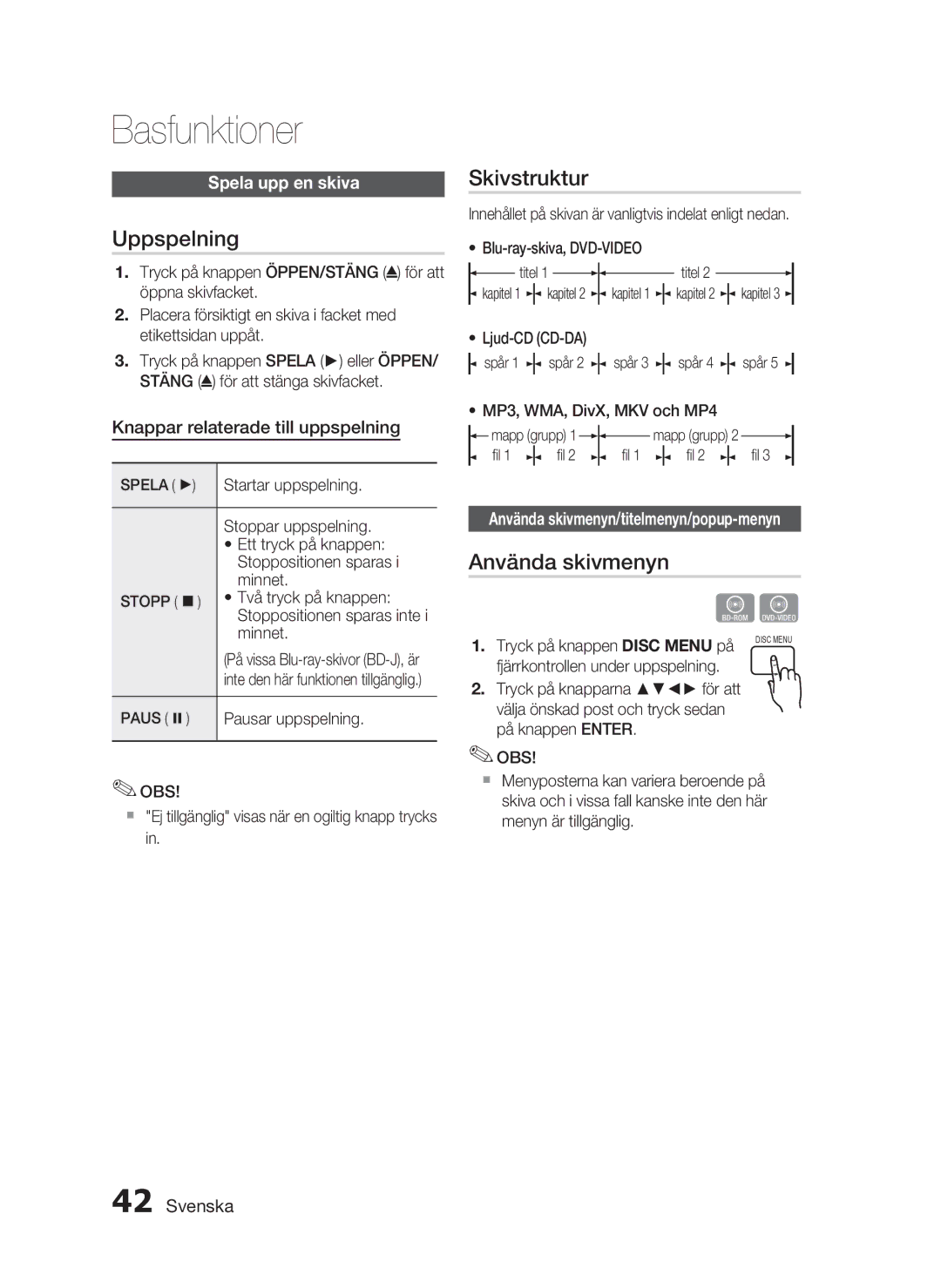 Samsung HT-C5800/XEE manual Basfunktioner, Uppspelning, Skivstruktur, Använda skivmenyn 