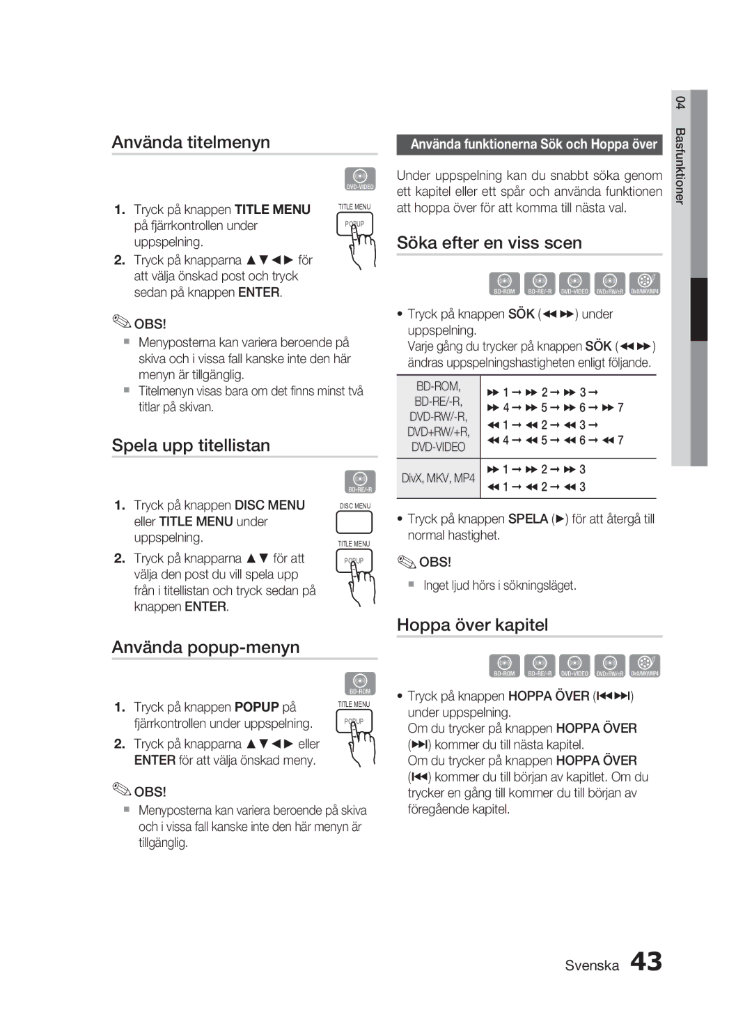 Samsung HT-C5800/XEE manual Använda titelmenyn, Spela upp titellistan, Använda popup-menyn 