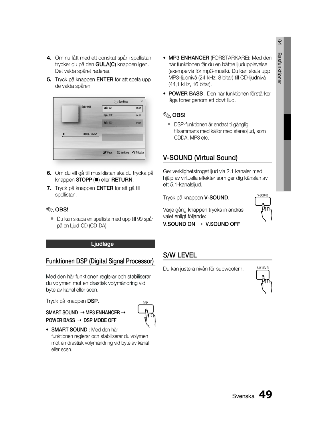 Samsung HT-C5800/XEE manual Sound Virtual Sound, Ljudläge, Funktionen DSP Digital Signal Processor 