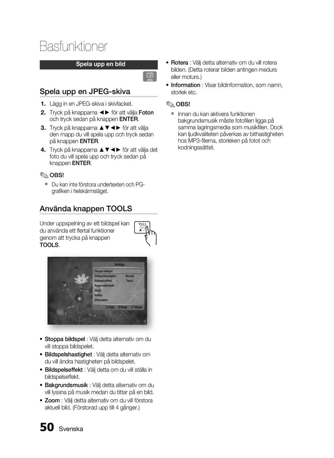 Samsung HT-C5800/XEE manual Spela upp en JPEG-skiva, Använda knappen Tools, Spela upp en bild 