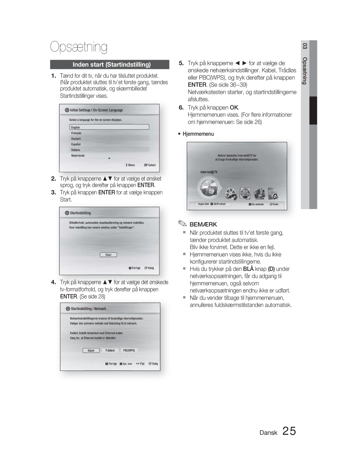 Samsung HT-C5800/XEE manual Inden start Startindstilling, Tryk på knappen Enter for at vælge knappen Start, Hjemmemenu 