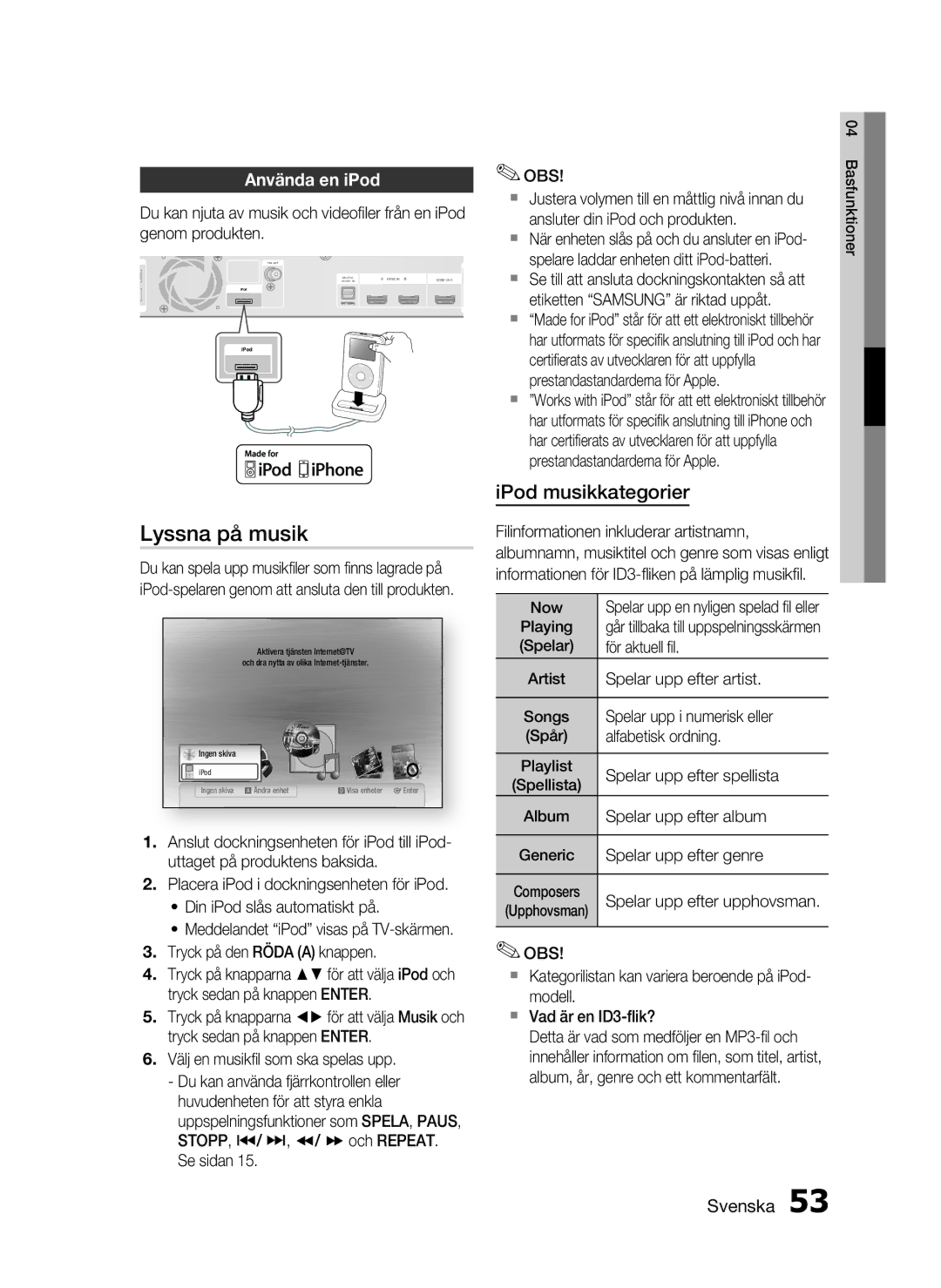 Samsung HT-C5800/XEE manual Lyssna på musik, Använda en iPod 