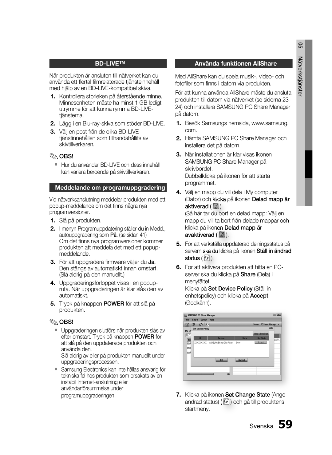 Samsung HT-C5800/XEE manual Meddelande om programuppgradering, Använda funktionen AllShare 