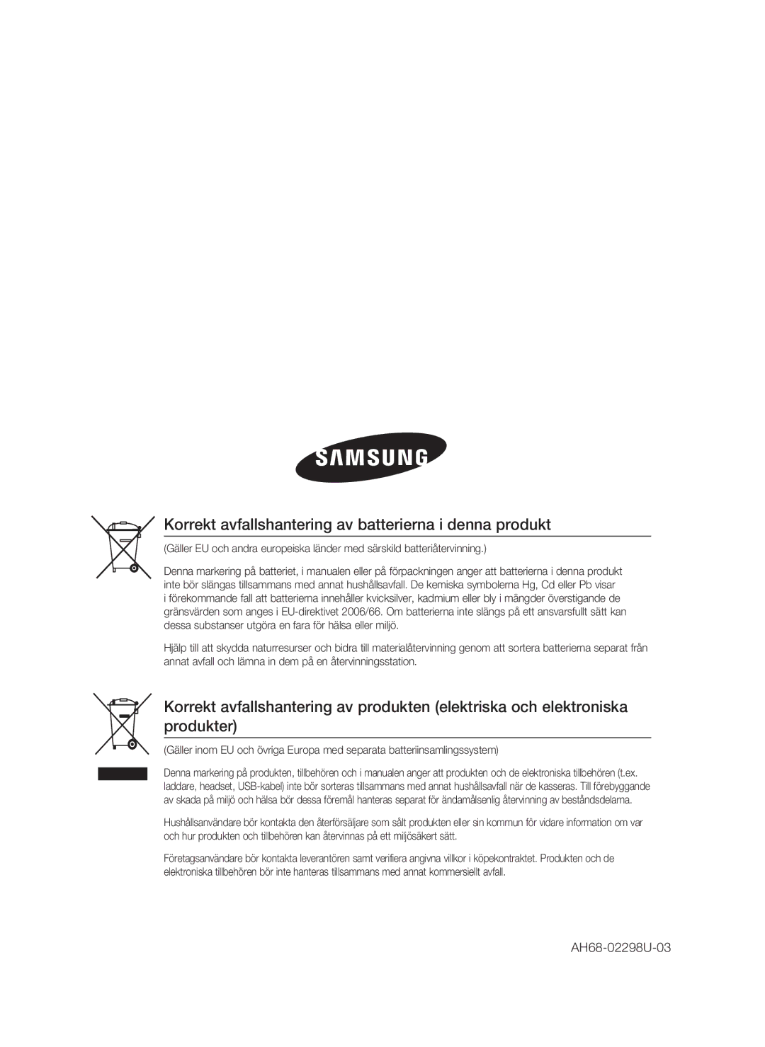 Samsung HT-C5800/XEE manual Korrekt avfallshantering av batterierna i denna produkt, AH68-02298U-03 