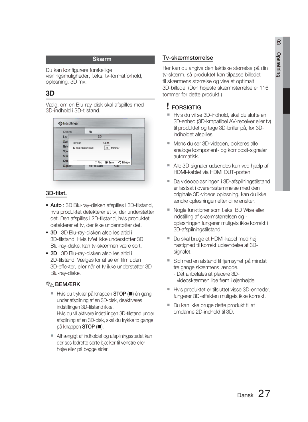 Samsung HT-C5800/XEE manual Skærm, 3D-tilst, Tv-skærmstørrelse, 3D 3D Blu-ray-disken afspilles altid 