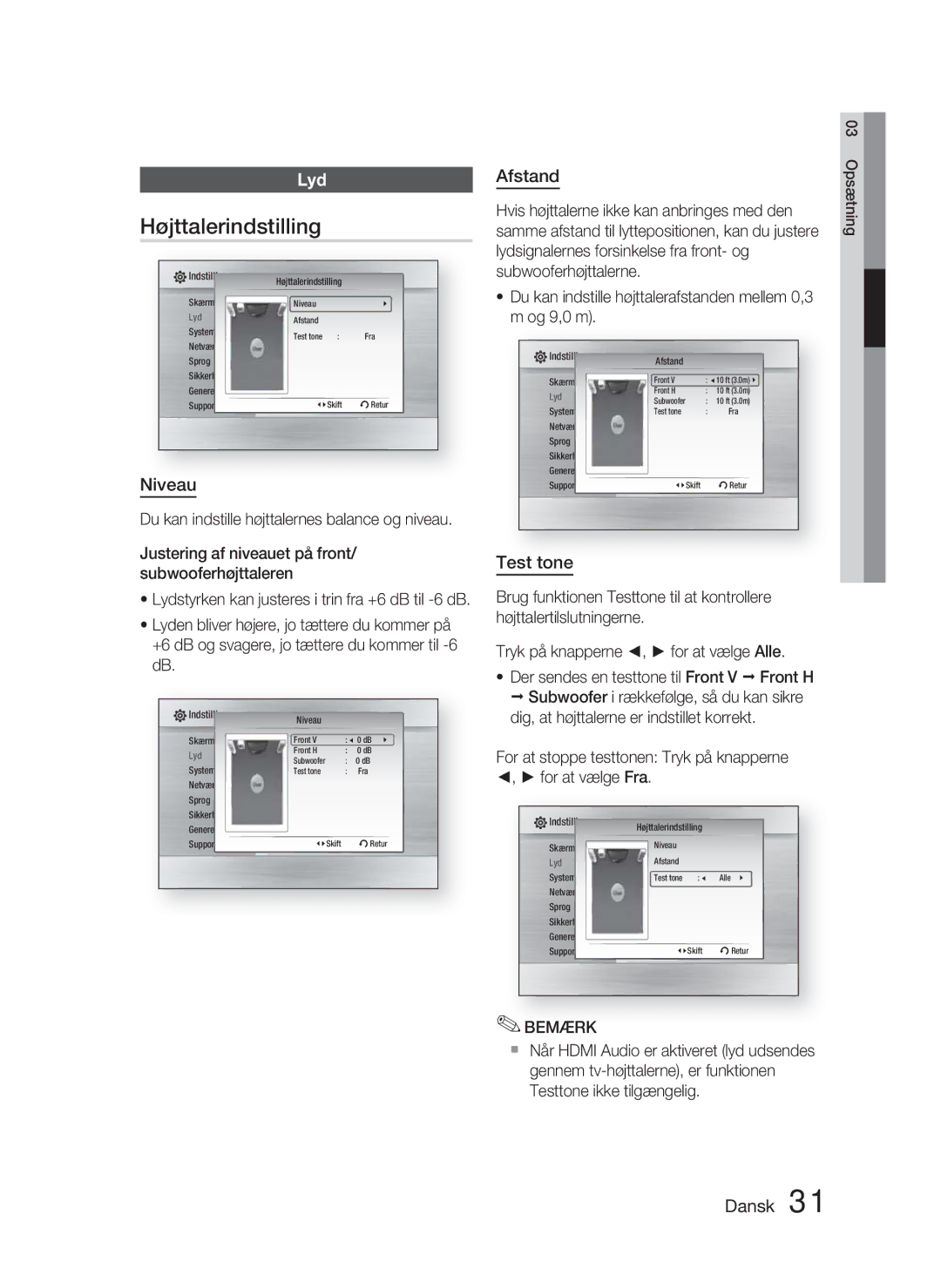 Samsung HT-C5800/XEE manual Højttalerindstilling, Lyd, Niveau, Afstand, Test tone 