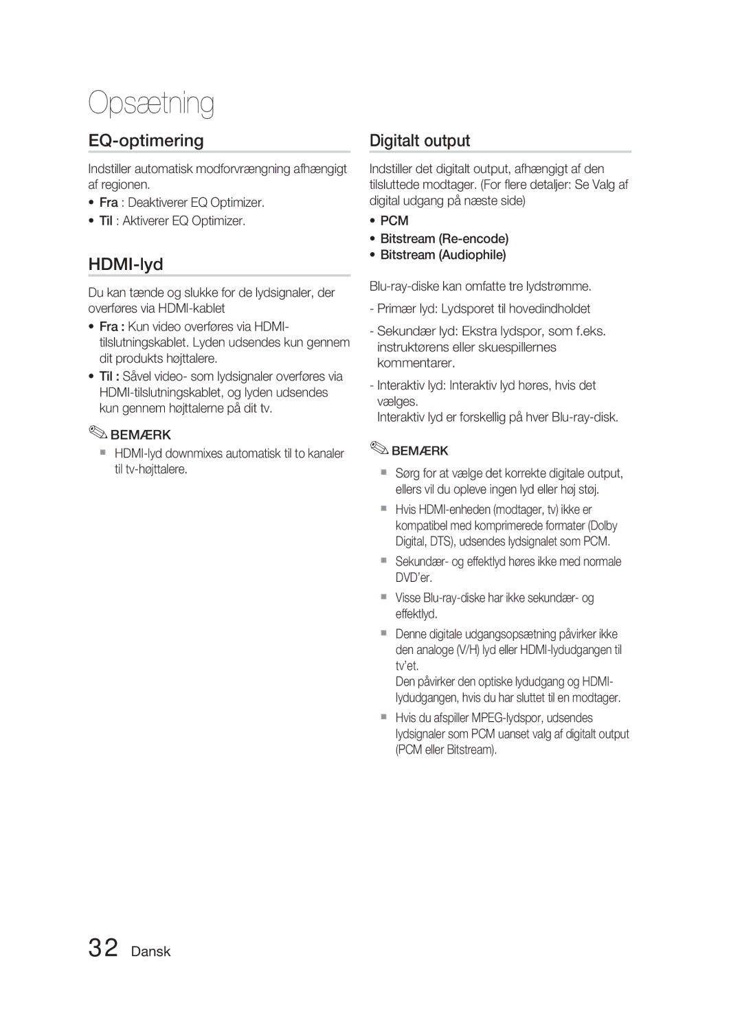 Samsung HT-C5800/XEE manual EQ-optimering, HDMI-lyd, Digitalt output 