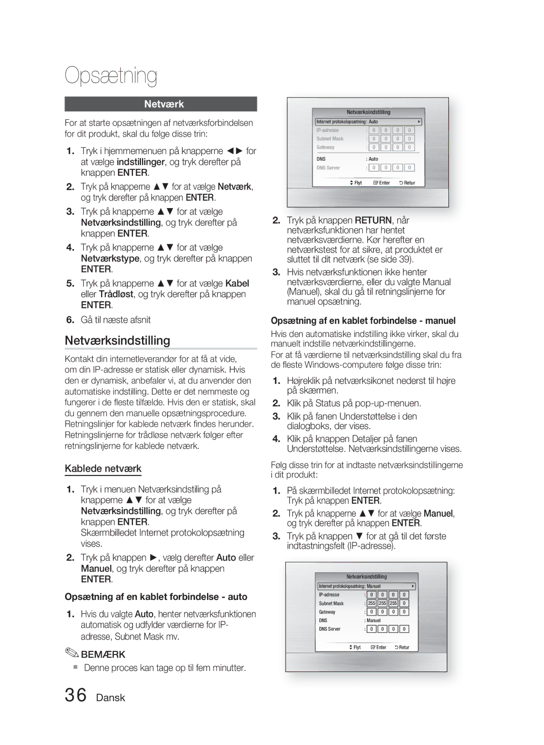 Samsung HT-C5800/XEE manual Netværksindstilling, Kablede netværk, Gå til næste afsnit 