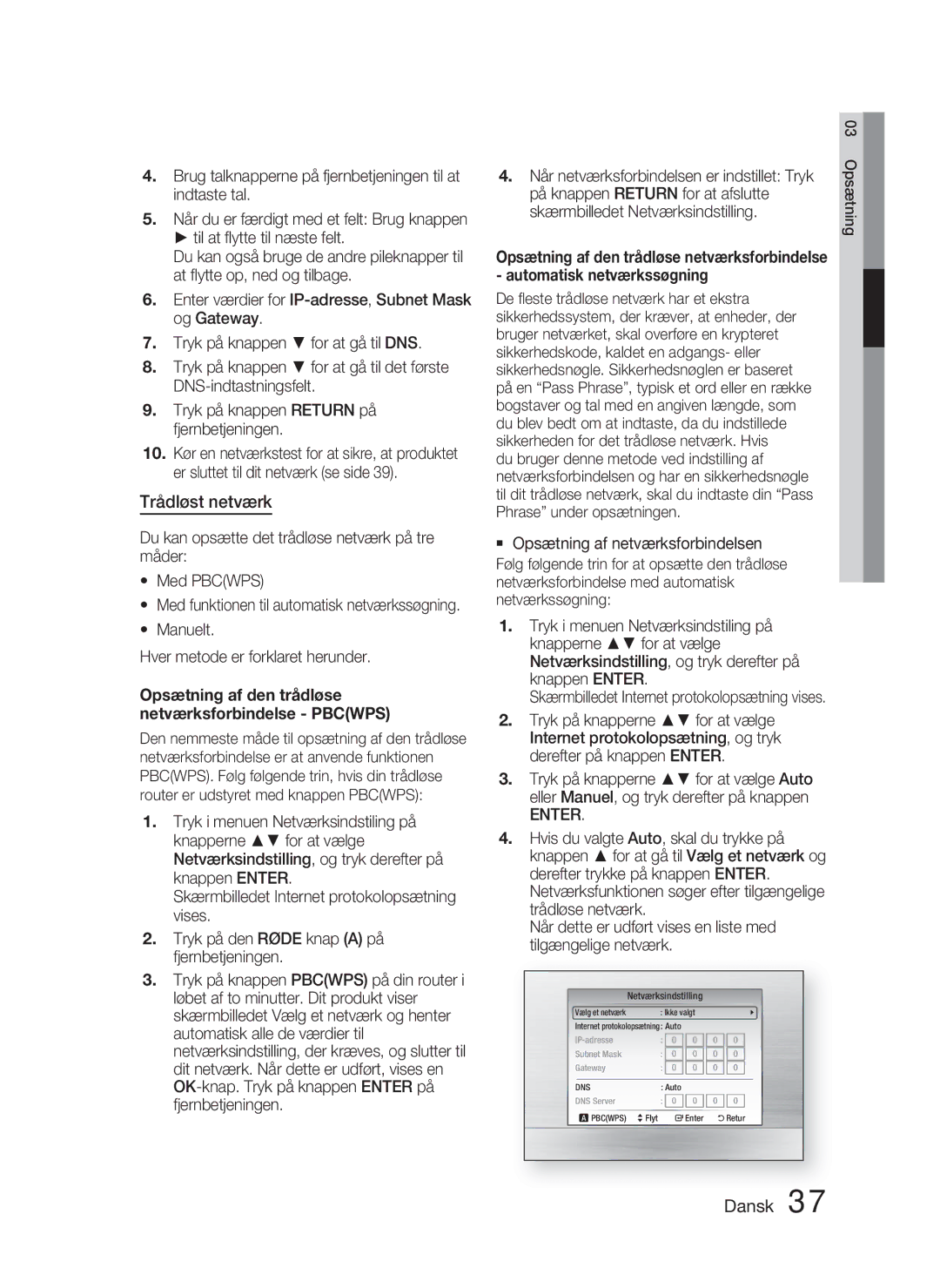 Samsung HT-C5800/XEE manual Trådløst netværk, Opsætning af den trådløse netværksforbindelse Pbcwps 