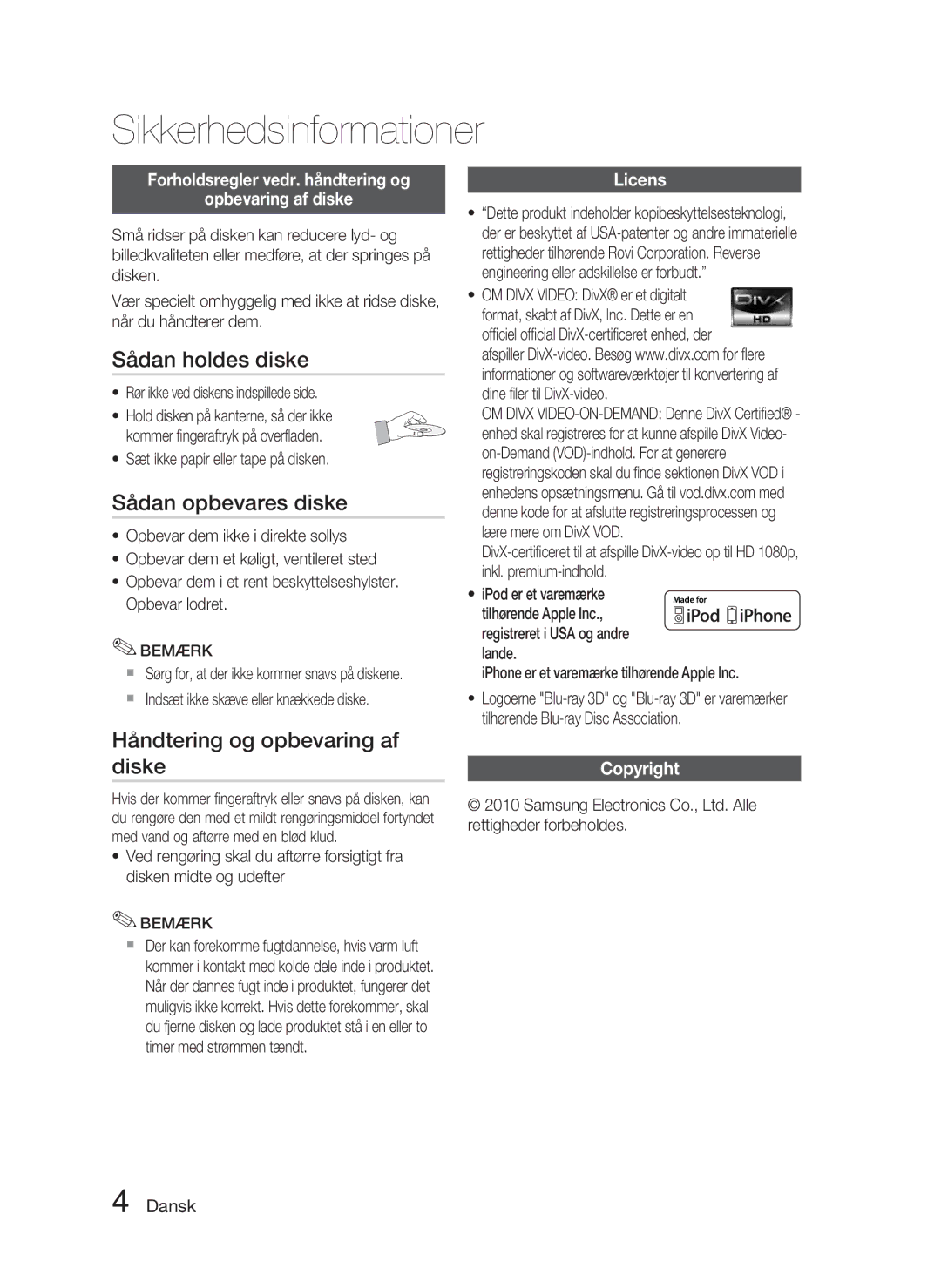 Samsung HT-C5800/XEE manual Sådan holdes diske, Sådan opbevares diske, Håndtering og opbevaring af 