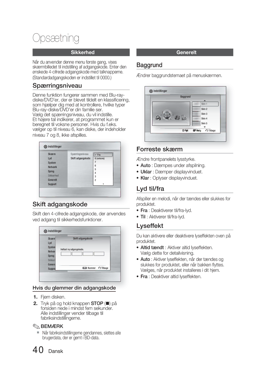 Samsung HT-C5800/XEE manual Spærringsniveau, Skift adgangskode, Baggrund, Forreste skærm, Lyd til/fra, Lyseffekt 