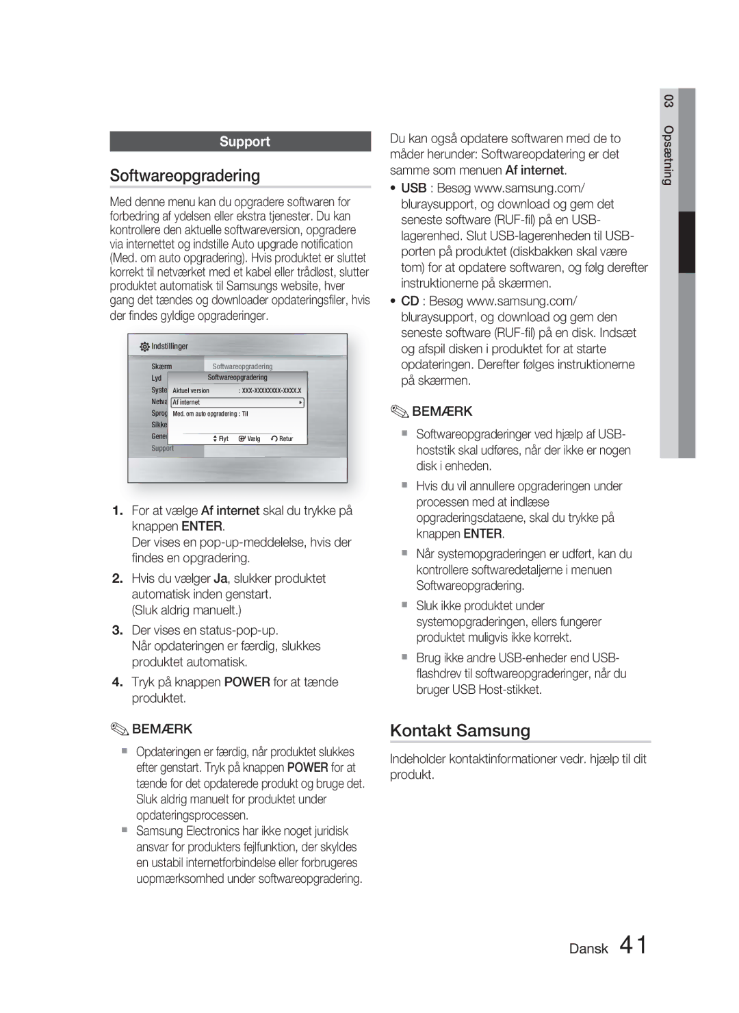 Samsung HT-C5800/XEE manual Softwareopgradering, Kontakt Samsung, Support 