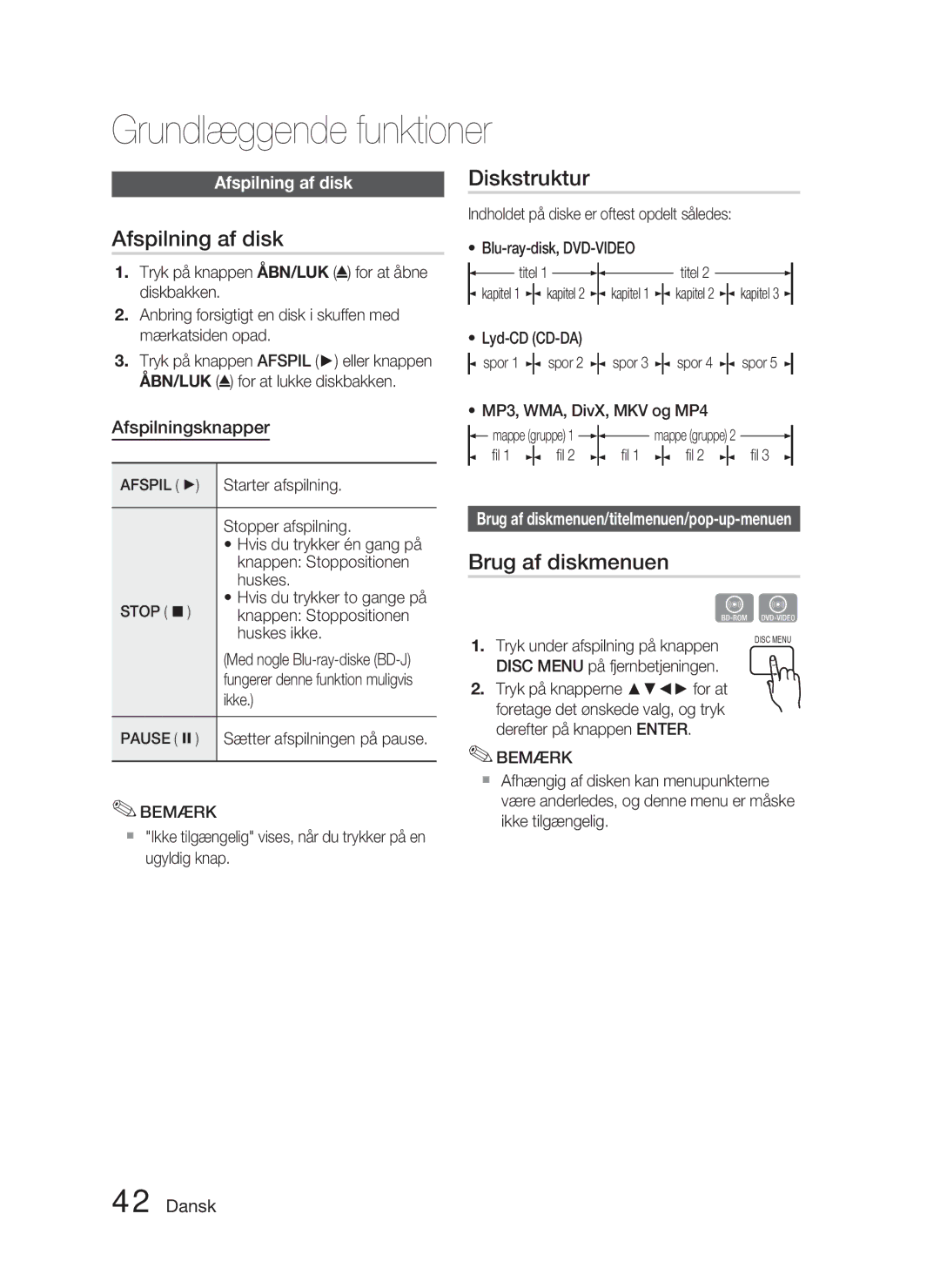 Samsung HT-C5800/XEE manual Afspilning af disk, Diskstruktur, Brug af diskmenuen, Afspilningsknapper 