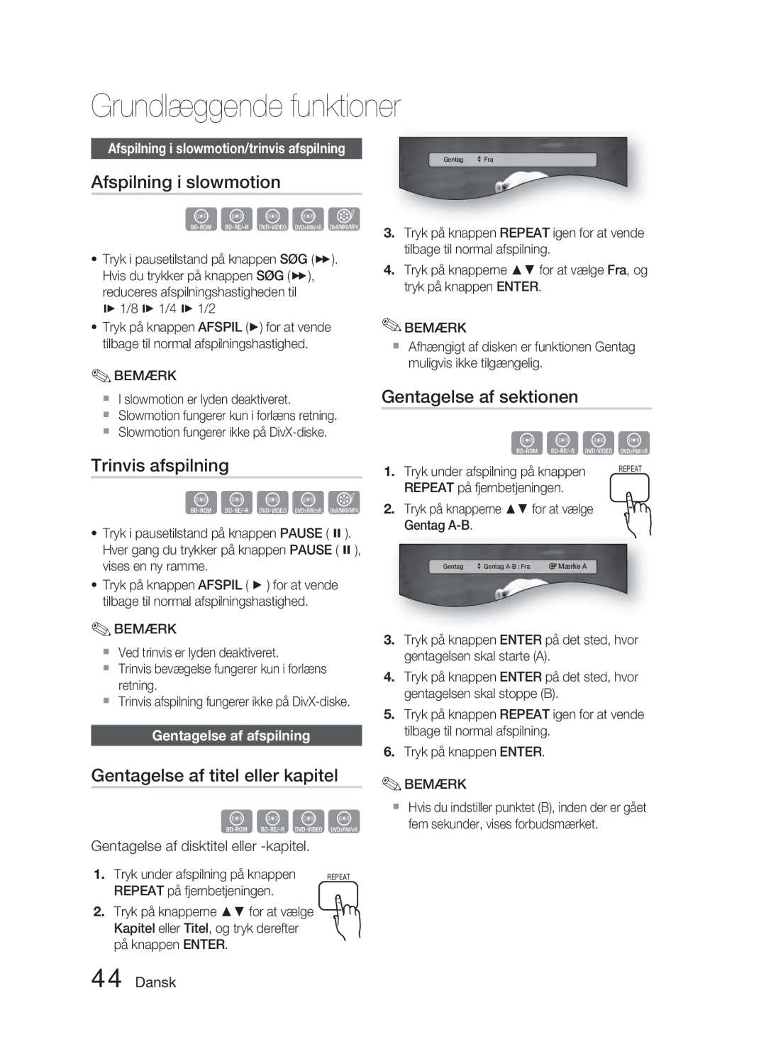 Samsung HT-C5800/XEE manual Afspilning i slowmotion, Trinvis afspilning, Gentagelse af titel eller kapitel 