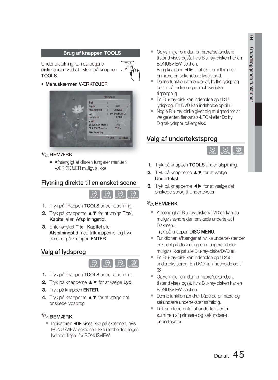 Samsung HT-C5800/XEE manual Flytning direkte til en ønsket scene, Valg af lydsprog, Valg af undertekstsprog 