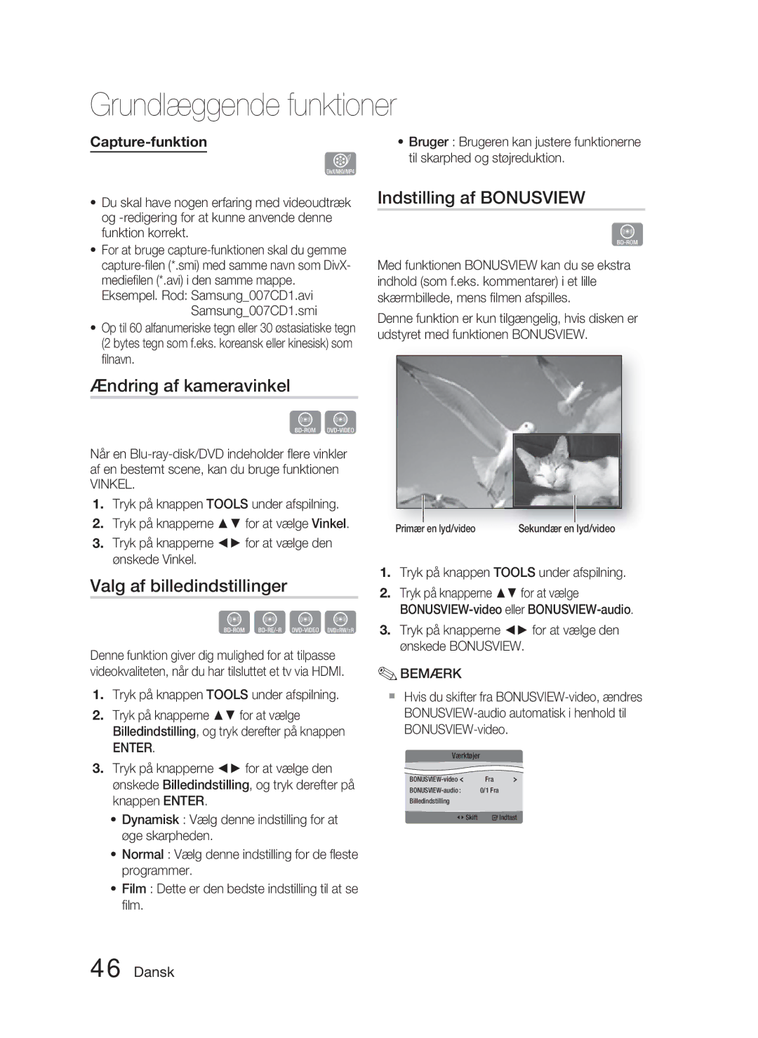 Samsung HT-C5800/XEE manual Ændring af kameravinkel, Valg af billedindstillinger, Indstilling af Bonusview 