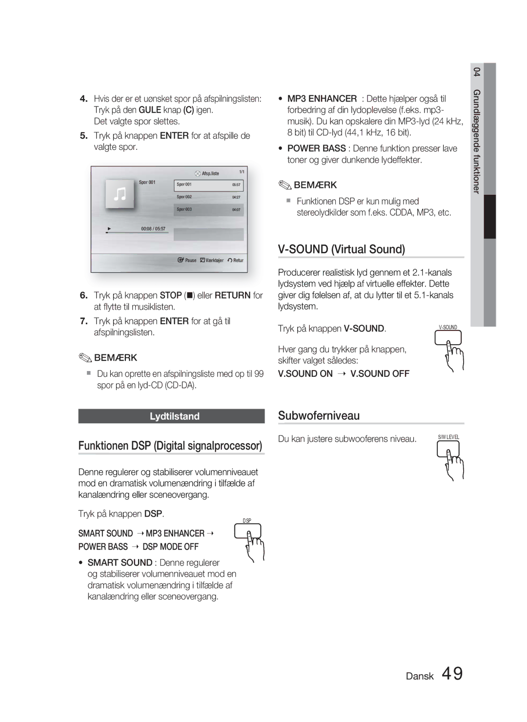 Samsung HT-C5800/XEE manual Sound Virtual Sound, Funktionen DSP Digital signalprocessor, Subwoferniveau, Lydtilstand 