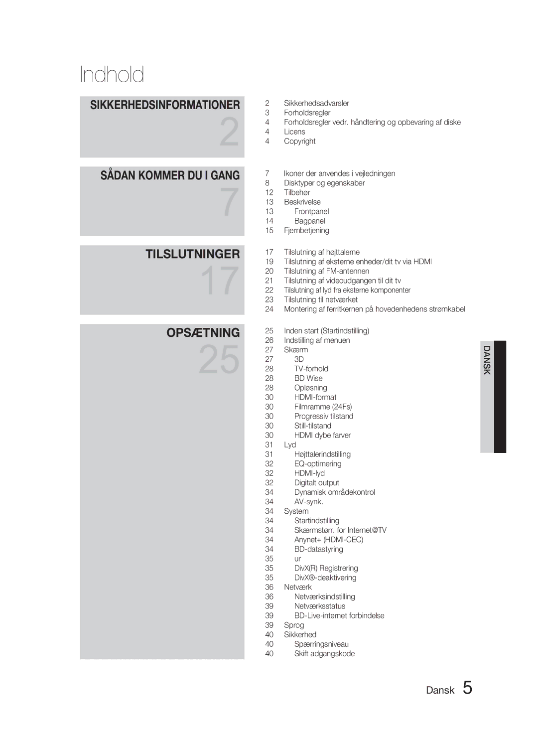 Samsung HT-C5800/XEE manual Indhold 