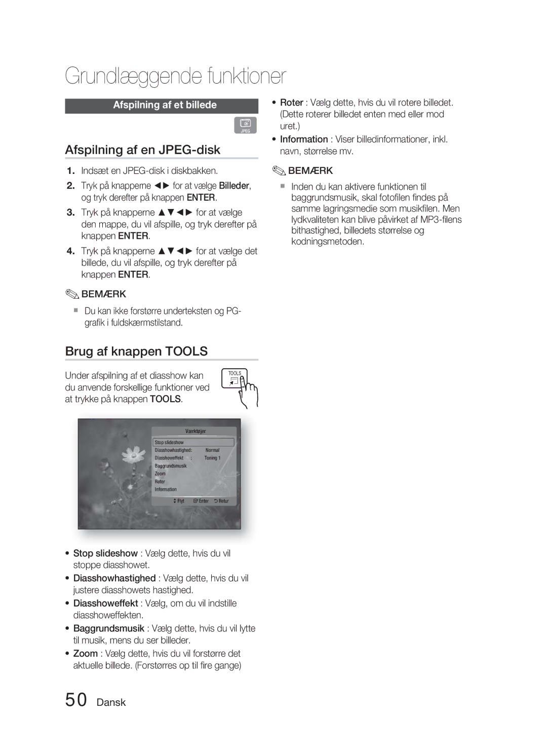 Samsung HT-C5800/XEE manual Afspilning af en JPEG-disk, Brug af knappen Tools, Afspilning af et billede 