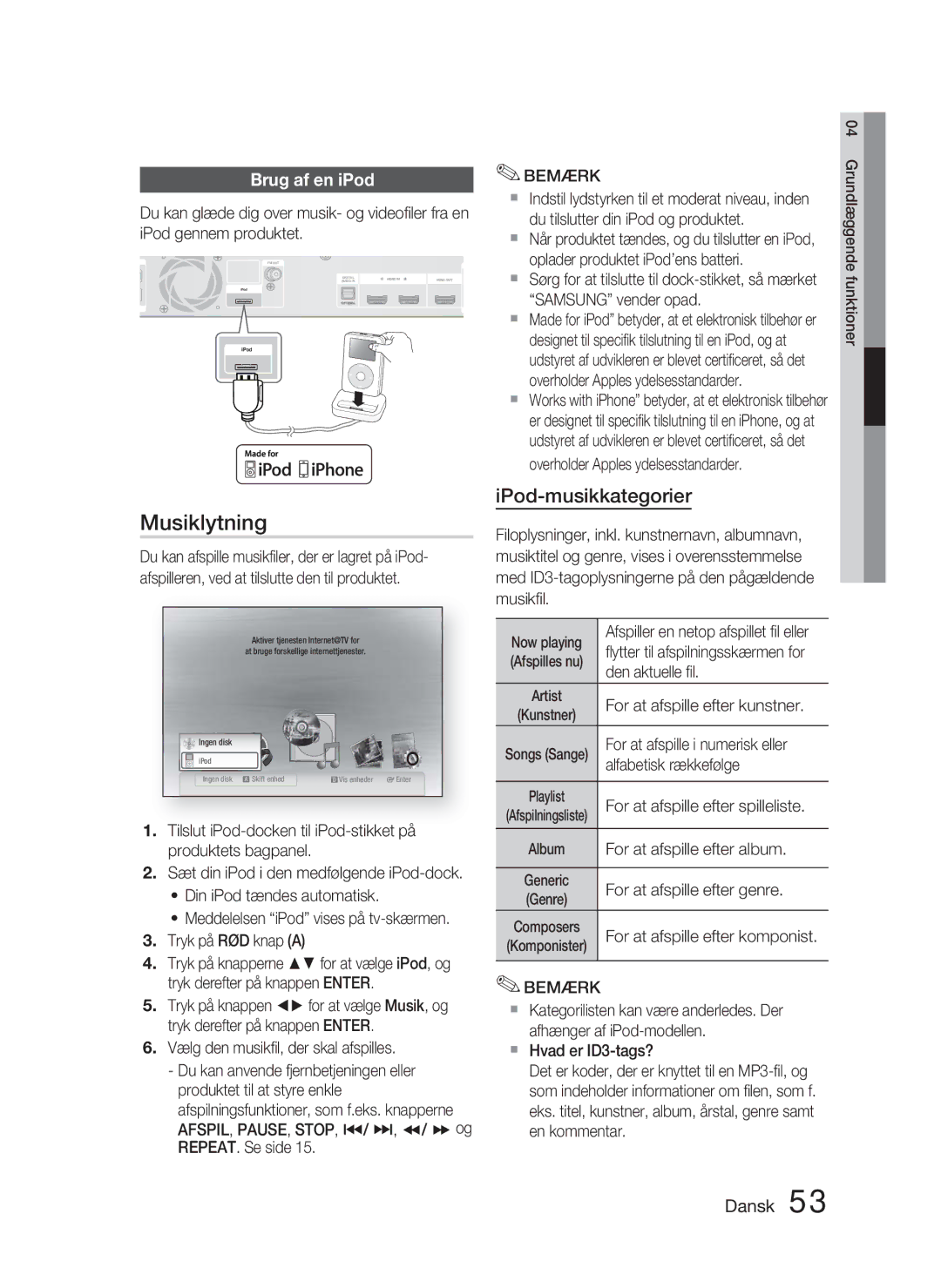 Samsung HT-C5800/XEE manual Musiklytning, Brug af en iPod 