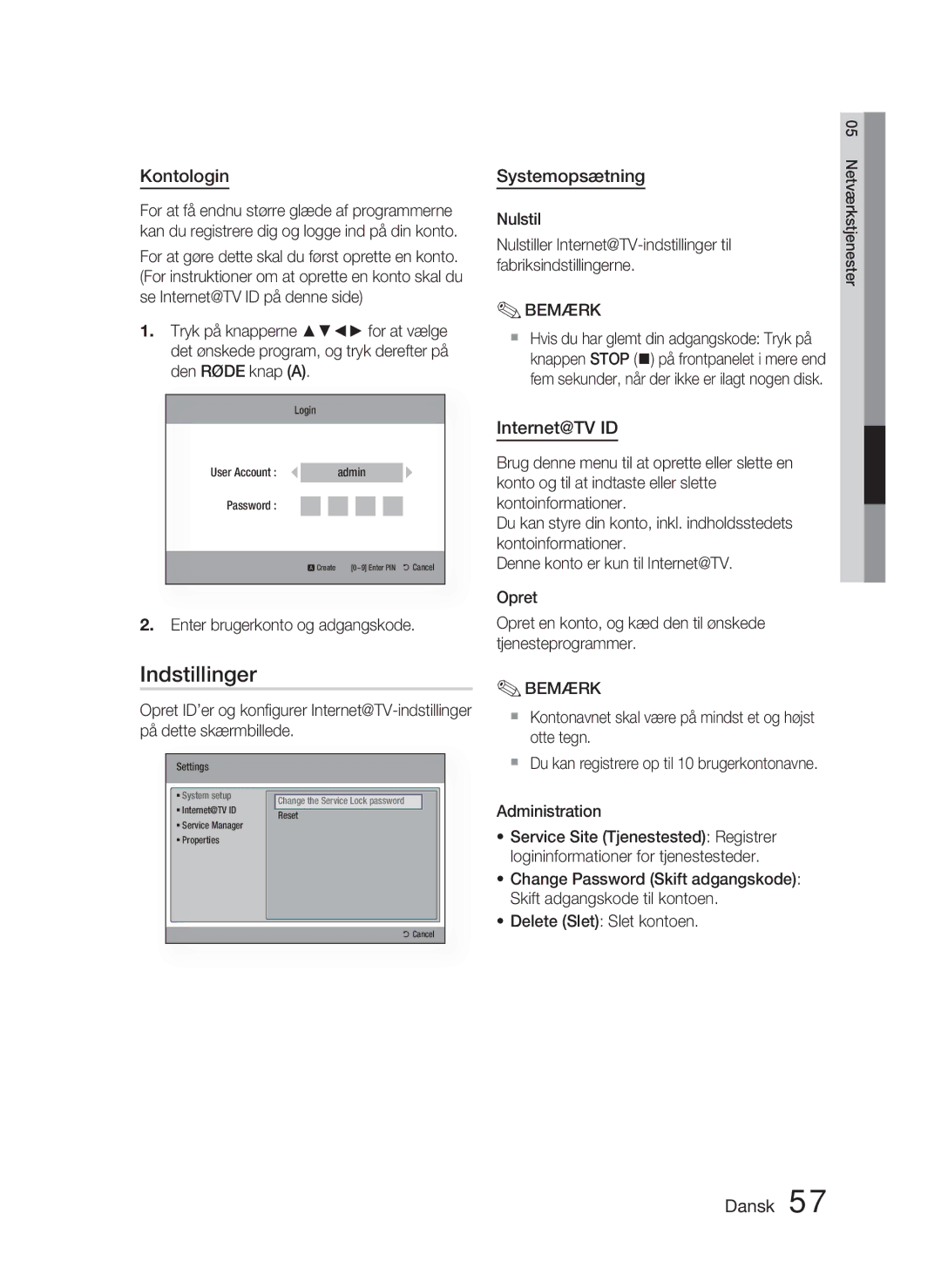 Samsung HT-C5800/XEE manual Indstillinger, Kontologin, Systemopsætning, Internet@TV ID 