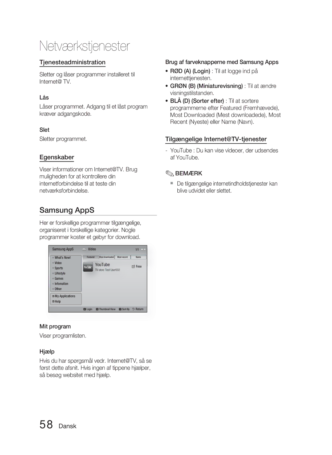 Samsung HT-C5800/XEE manual Samsung AppS, Tjenesteadministration, Egenskaber, Tilgængelige Internet@TV-tjenester 